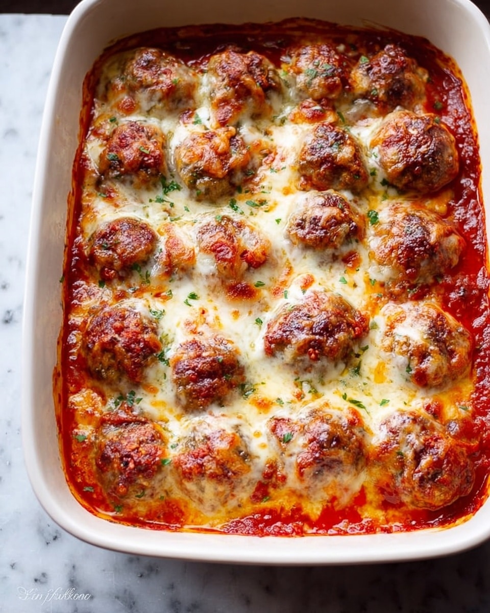 A white baking dish filled with two layers of round meatballs covered in melted cheese and bright red tomato sauce, with the cheese browned and bubbly on top, showing a mix of creamy white and golden brown patches, and the tomato sauce visible around the meatballs creating a rich, glossy surface; the dish sits on a white marbled textured surface. photo taken with an iphone --ar 4:5 --v 7
