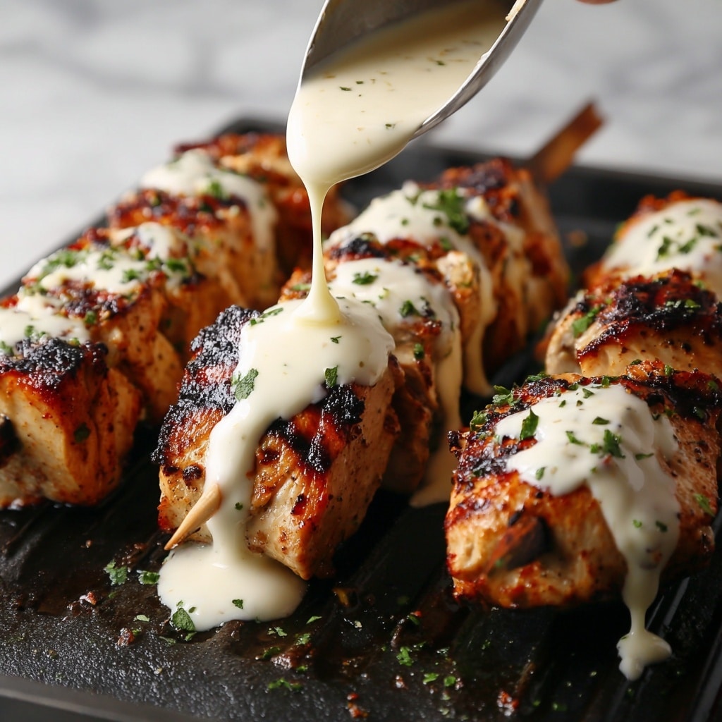 The image shows grilled pieces of salmon with clear grill marks, placed close together on a black grill surface. Each salmon piece has a shiny, orange-pink color with a slight char. A cream-colored sauce with a smooth texture is being poured over the salmon from above, covering parts of the fish and dripping down the sides. Small green herb pieces are sprinkled on top of the sauce, adding a fresh touch. The background is a white marbled texture. Photo taken with an iphone --ar 4:5 --v 7