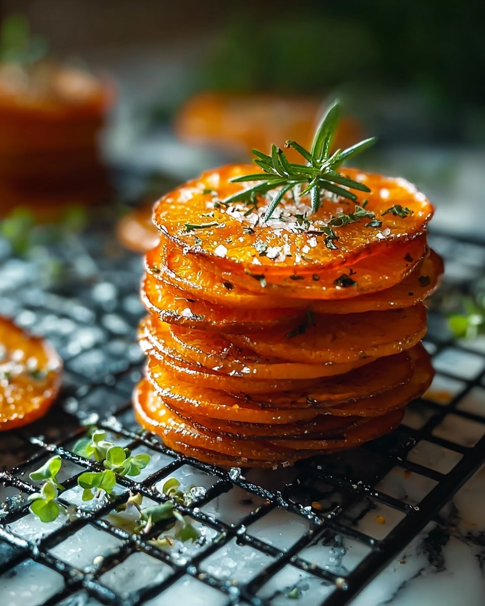 The image shows a stack of thin, round orange slices that look cooked and slightly crispy, arranged in a neat pile of about seven layers. Each slice has a shiny texture with some darkened edges, sprinkled with coarse salt grains and small green herbs. On top of the stack, there is a small sprig of fresh rosemary adding a touch of green. The stack sits on a black wire rack that contrasts with the bright orange food. Around the base of the stack, there are a few more small green herb leaves scattered. The background is softly blurred but has a close-up focus on the stack, creating a warm and inviting feel. The whole scene is set on a white marbled textured surface. photo taken with an iphone --ar 4:5 --v 7