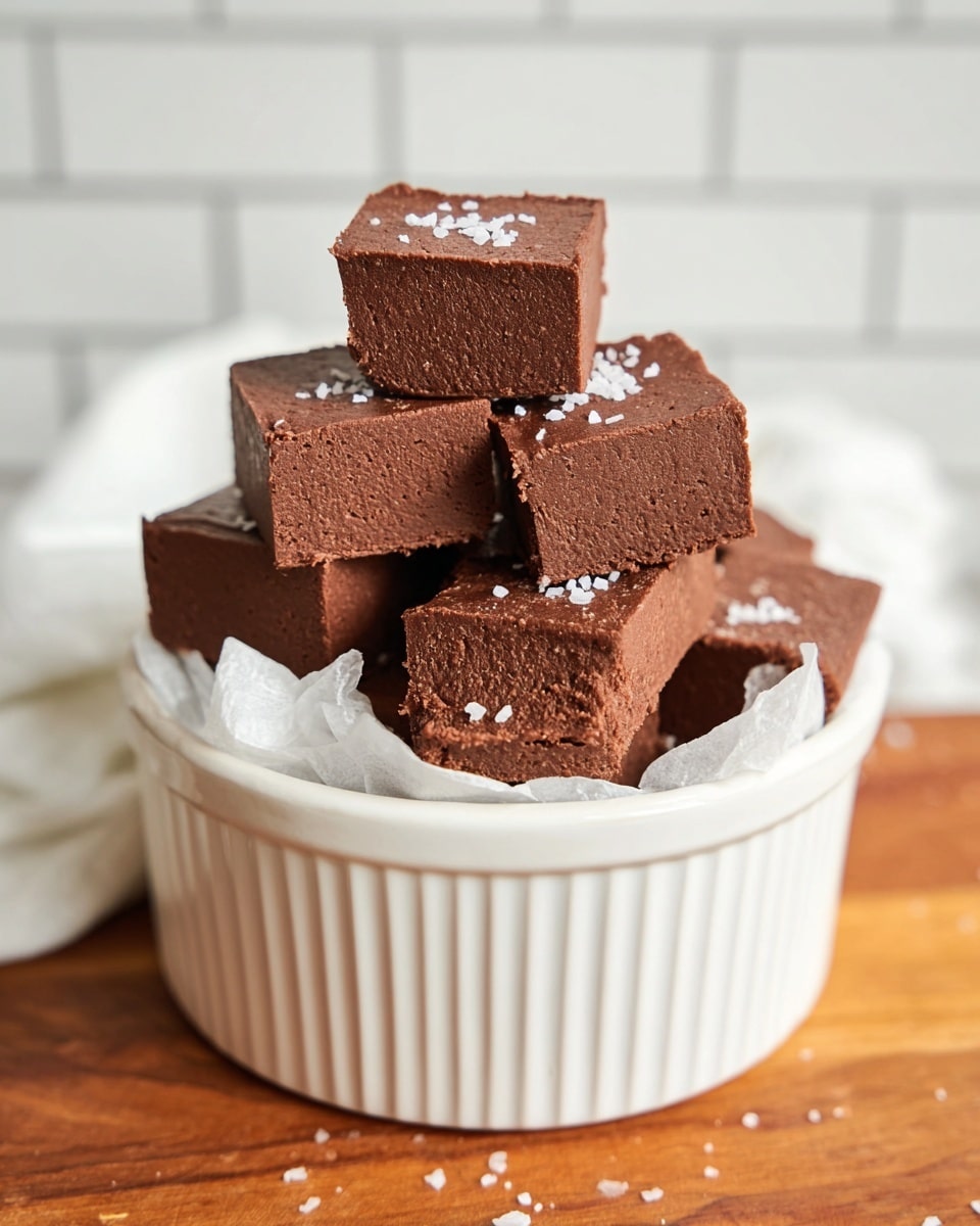 A white ceramic bowl holds a stack of eight thick, square chocolate fudge pieces with rough edges, arranged in a loose pile. Each fudge piece is smooth with a dense, slightly textured surface and topped with a few sprinkles of coarse white sea salt. The bowl has a ribbed pattern on the outside and is lined with white parchment paper. The background features a white marbled texture with a blurred white tiled wall behind, and the bowl is placed on a wooden surface. photo taken with an iphone --ar 4:5 --v 7