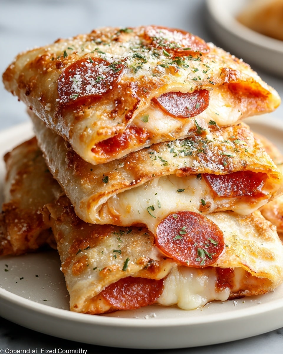A stack of four folded rectangular pizza pockets rests on a white plate, each pocket showing a golden-brown crust with melted cheese bubbling on top and sprinkled with green herbs. The pockets have a soft dough texture, with edges slightly crisp and some pockets partially revealing red tomato sauce and melted white cheese inside. Two pepperoni slices with a shiny, reddish-brown color peek out from the sides and tops of the pockets, lightly dusted with grated cheese. The close-up view captures the gooey cheese stretching between layers and the crisped spots on the crust. The setting features a white marbled surface underneath the plate. Photo taken with an iphone --ar 4:5 --v 7