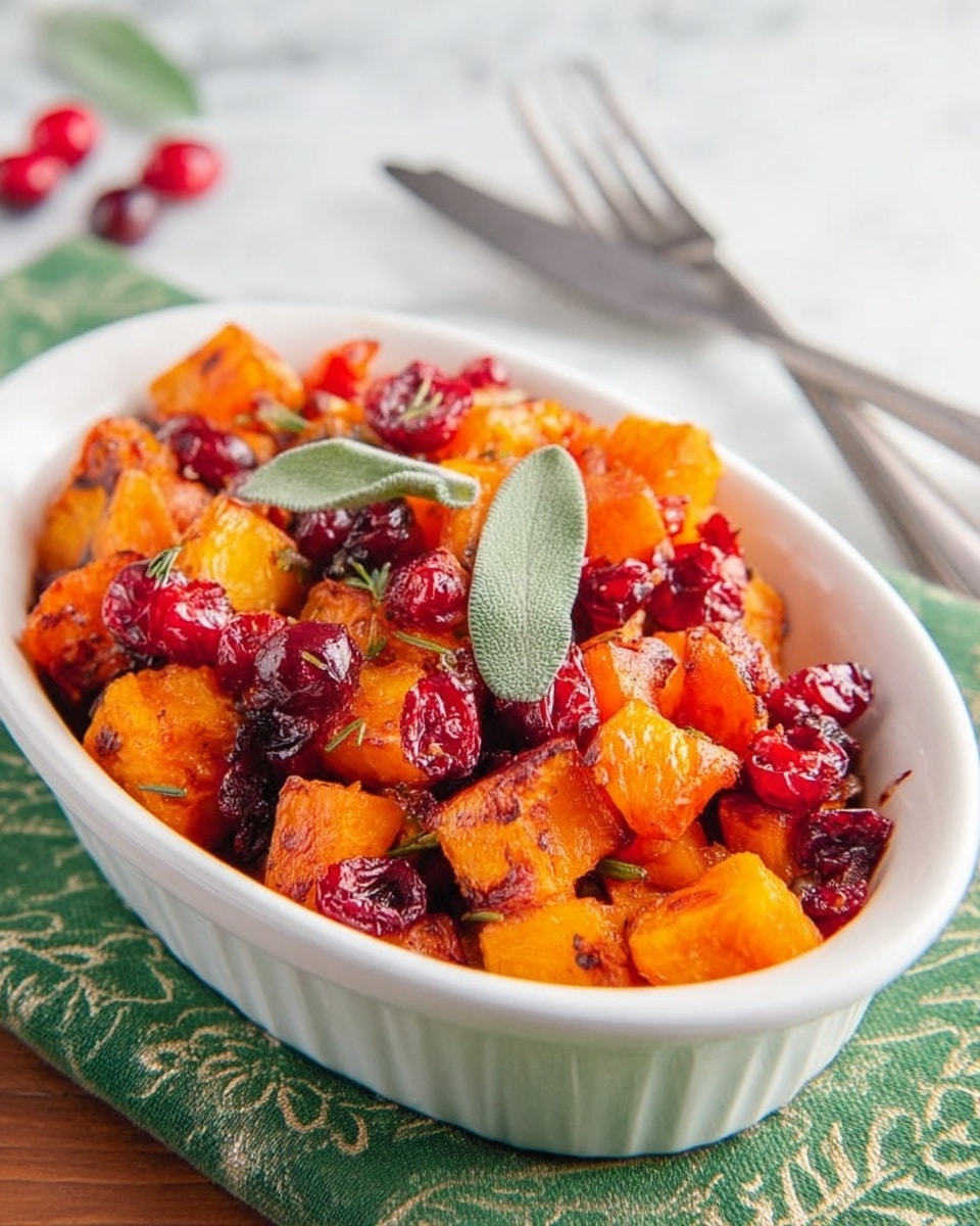 The image shows a white oval dish filled with a colorful roasted vegetable and fruit mix. The bottom layer consists of orange roasted squash or sweet potato cubes, which have a soft texture and slightly caramelized edges. Mixed throughout are bright red cranberries adding a shiny, plump contrast. Scattered on top are a few fresh sage leaves with a soft green color, adding a touch of freshness. The dish sits on a green cloth with a white pattern, set against a white marbled surface. A metal fork is placed nearby, adding to the simple, inviting presentation. Photo taken with an iphone --ar 4:5 --v 7