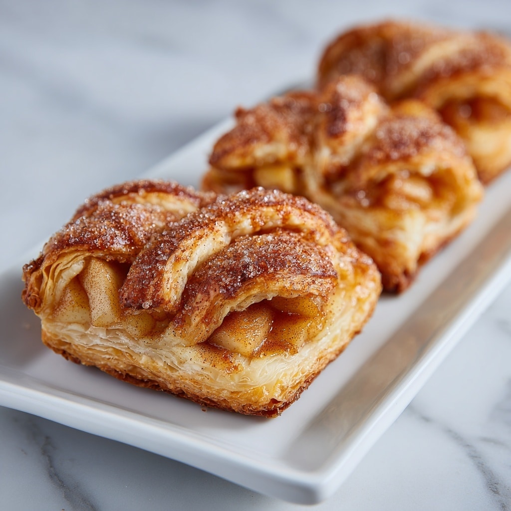 Three golden brown apple puff pastries sit on a white rectangular dish placed on a white marbled surface. Each pastry has a braided top layer with a shiny, slightly crispy texture sprinkled with coarse sugar. The filling of soft, small apple pieces in a light cinnamon sauce is visible through the braided gaps. The pastries are arranged in a row, with the closest one in sharp focus, showing flakey layers and warm, inviting colors. Photo taken with an iphone --ar 4:5 --v 7