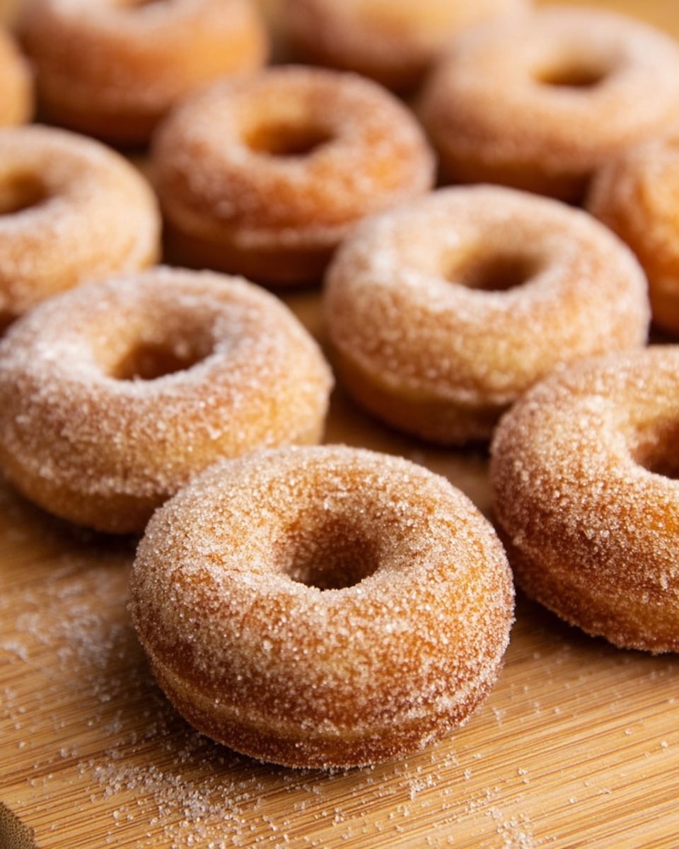 Multiple small round donuts with a hole in the middle are arranged closely on a wooden board. Each donut has a light brown color with a slightly rough texture and is coated evenly with fine white sugar that gives a sparkling effect. The donuts are placed randomly, some slightly overlapping, showing their soft and fluffy surface underneath the sugar. The wooden board underneath has a natural grain pattern with a warm tone, featuring a few scattered sugar crystals. The image is focused on the front few donuts, while the others gently blur toward the back. photo taken with an iphone --ar 4:5 --v 7