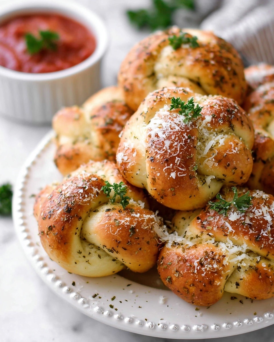 A close-up view of golden-brown knot-shaped bread rolls arranged on a white plate with a delicate beaded edge. Each roll has a slightly shiny, textured crust speckled with black herbs and small green parsley leaves on top. A light dusting of grated white cheese adds contrast to the surface. In the background, a small white ramekin filled with chunky tomato sauce garnished with parsley is visible. The setting rests on a white marbled textured surface. photo taken with an iphone --ar 4:5 --v 7