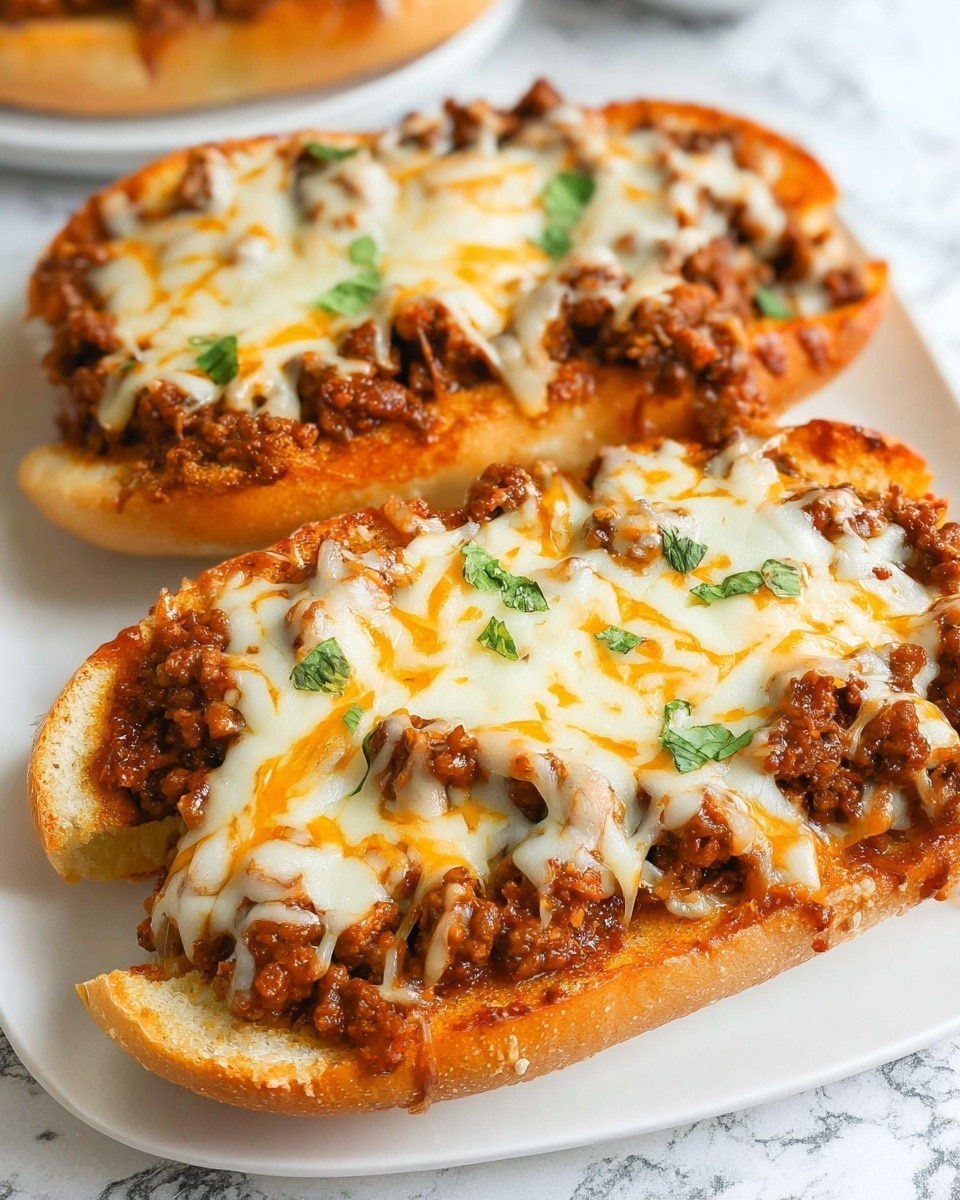 The image shows two halves of a toasted, light golden brown hoagie roll on a white plate, each half topped with a thick layer of crumbled, browned, seasoned ground beef in a reddish sauce. Over the beef, there is a generous melting layer of mixed shredded cheese in white and orange colors, which is bubbling and slightly browned in some spots. Small green herb pieces are sprinkled over the top, adding a fresh contrast. The plate sits on a white marbled surface. photo taken with an iphone --ar 4:5 --v 7