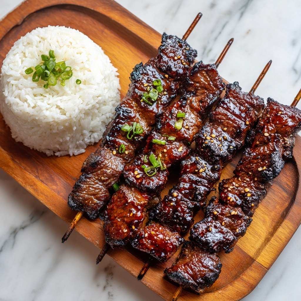 Five wooden skewers of grilled chicken pieces with a shiny brown glaze and char marks are placed closely together on a square white plate, which rests on a wooden board. Behind the skewers is a mound of white rice with a small carved orange garnish on top. The scene is set on a white marbled surface. photo taken with an iphone --ar 4:5 --v 7
