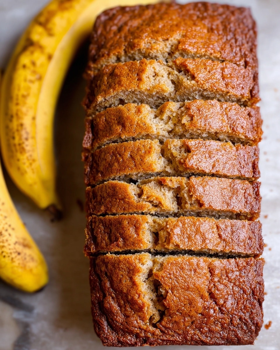 A loaf of banana bread is sliced into 11 thick pieces, showing a golden brown crust with a slightly rough and crispy texture on top. The bread looks moist and soft inside, with some cracks on the surface that add a rustic feel. Behind the bread, two ripe bananas with dark spots rest on a white marbled surface, hinting at the fresh fruit used in the bake. The overall look is warm and inviting, perfect for a homemade treat. photo taken with an iphone --ar 4:5 --v 7