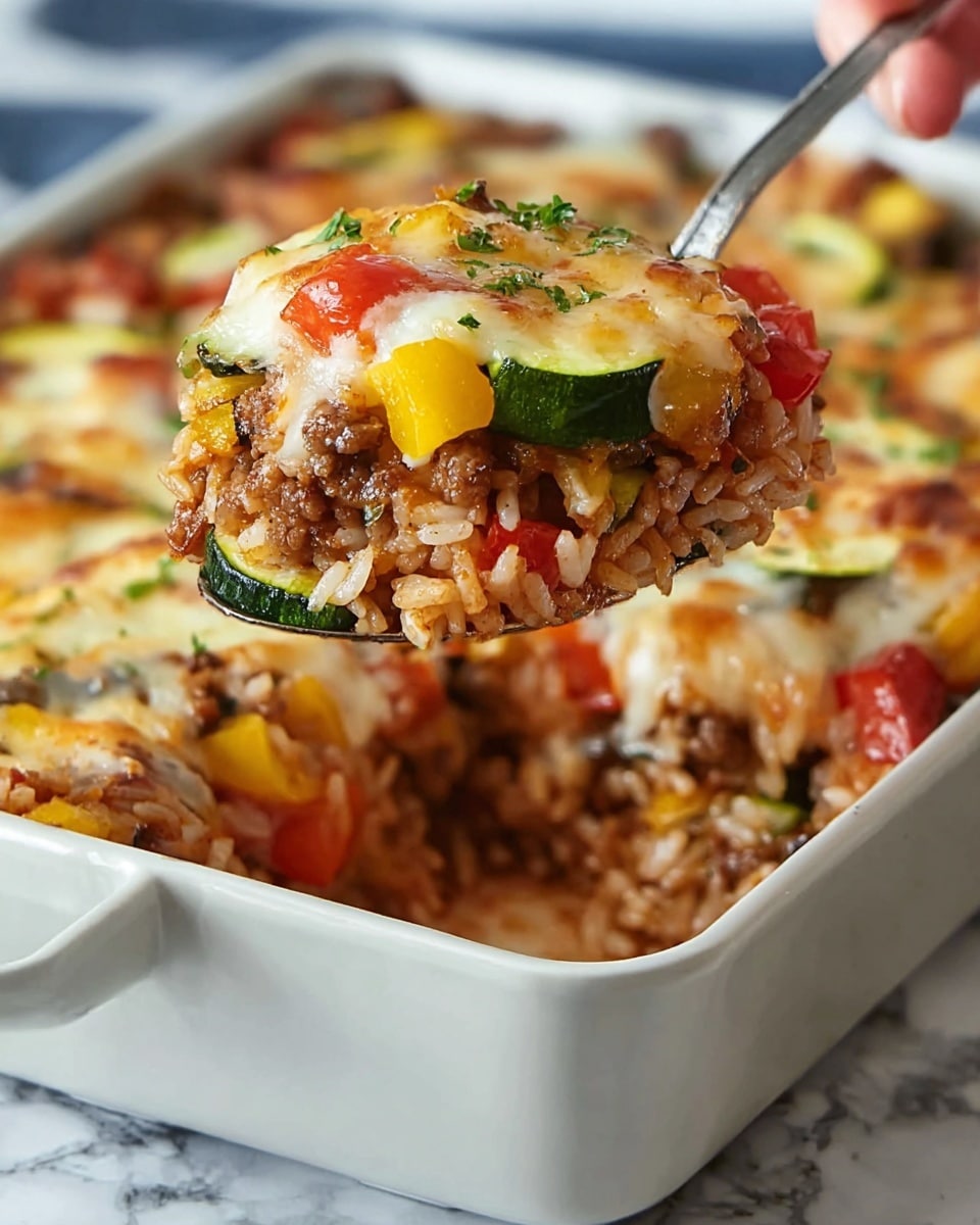 A close-up of a baked dish in a white ceramic square baking dish held by a woman's hand with a spoon lifting a portion, showing multiple layers: the bottom layer is cooked rice mixed with browned ground meat and small pieces of green zucchini and yellow squash, the middle layer has vibrant red tomato chunks and more vegetables, and the top layer is melted, golden-browned cheese with a slightly bubbly texture. The background features a white marbled surface. photo taken with an iphone --ar 4:5 --v 7