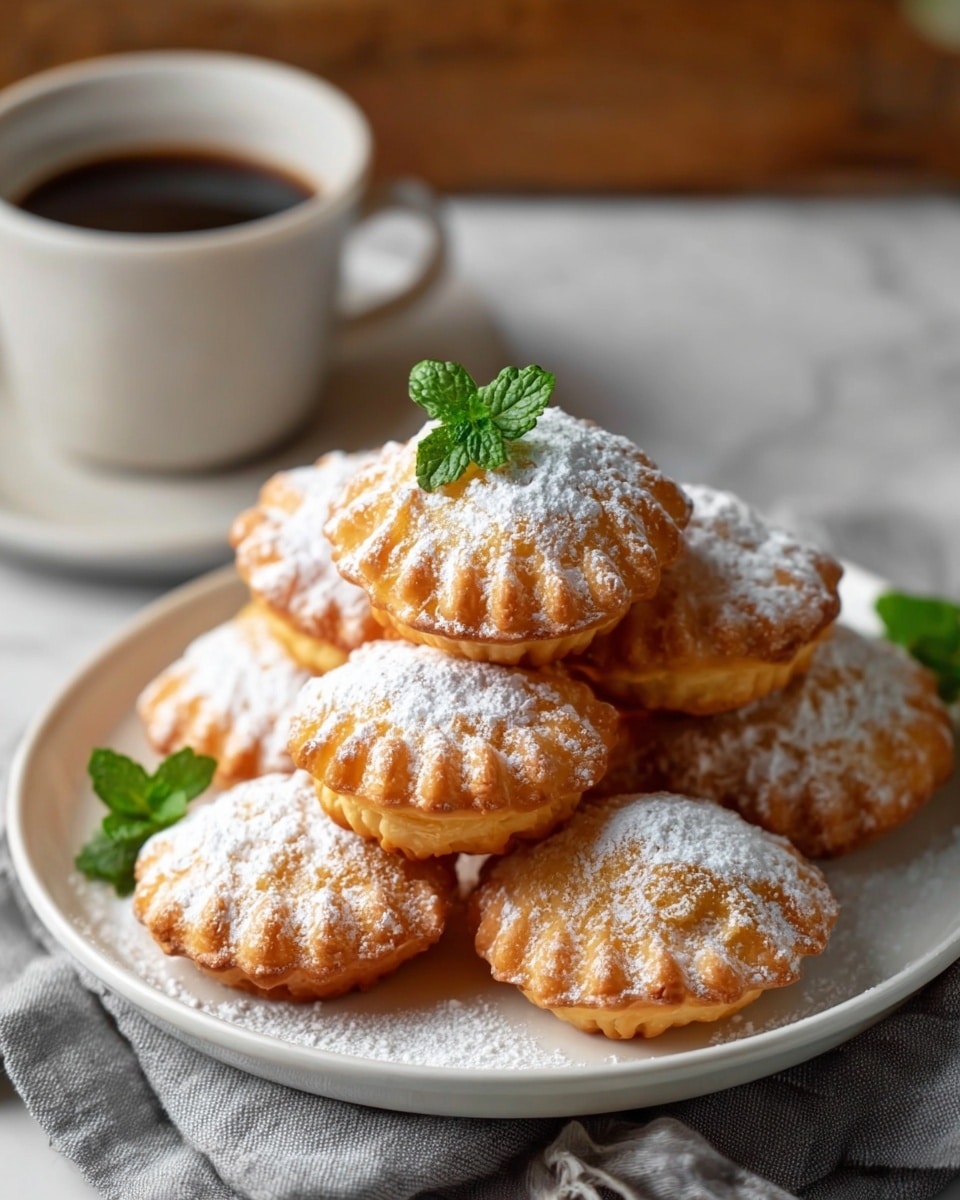 A white plate piled with seven small round pastries, each one golden brown with scalloped edges and dusted lightly with white powdered sugar, creating a soft, powdery texture on top; the pastries are stacked in a slight pyramid shape with two on top, one of the top ones adorned with a small fresh green leaf for contrast; the plate rests on a gray cloth with a blurred wooden background, complemented by a white cup filled with dark coffee in the back; the whole scene is set on a white marbled textured surface. photo taken with an iphone --ar 4:5 --v 7