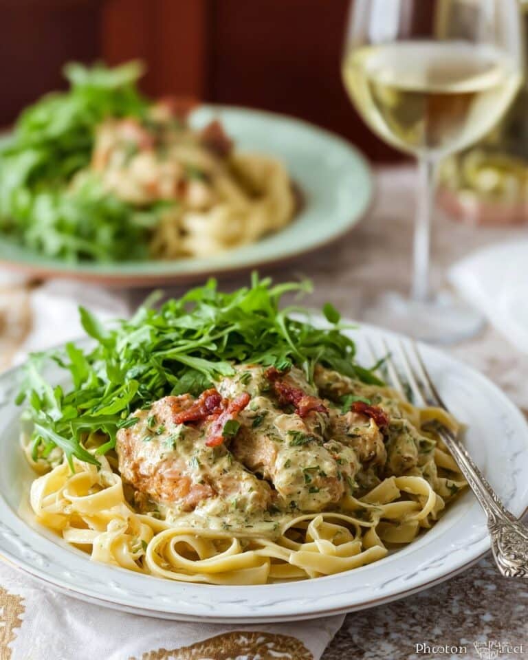 Chicken Bellagio with Pesto, Prosciutto, and Creamy Parmesan Linguini Recipe