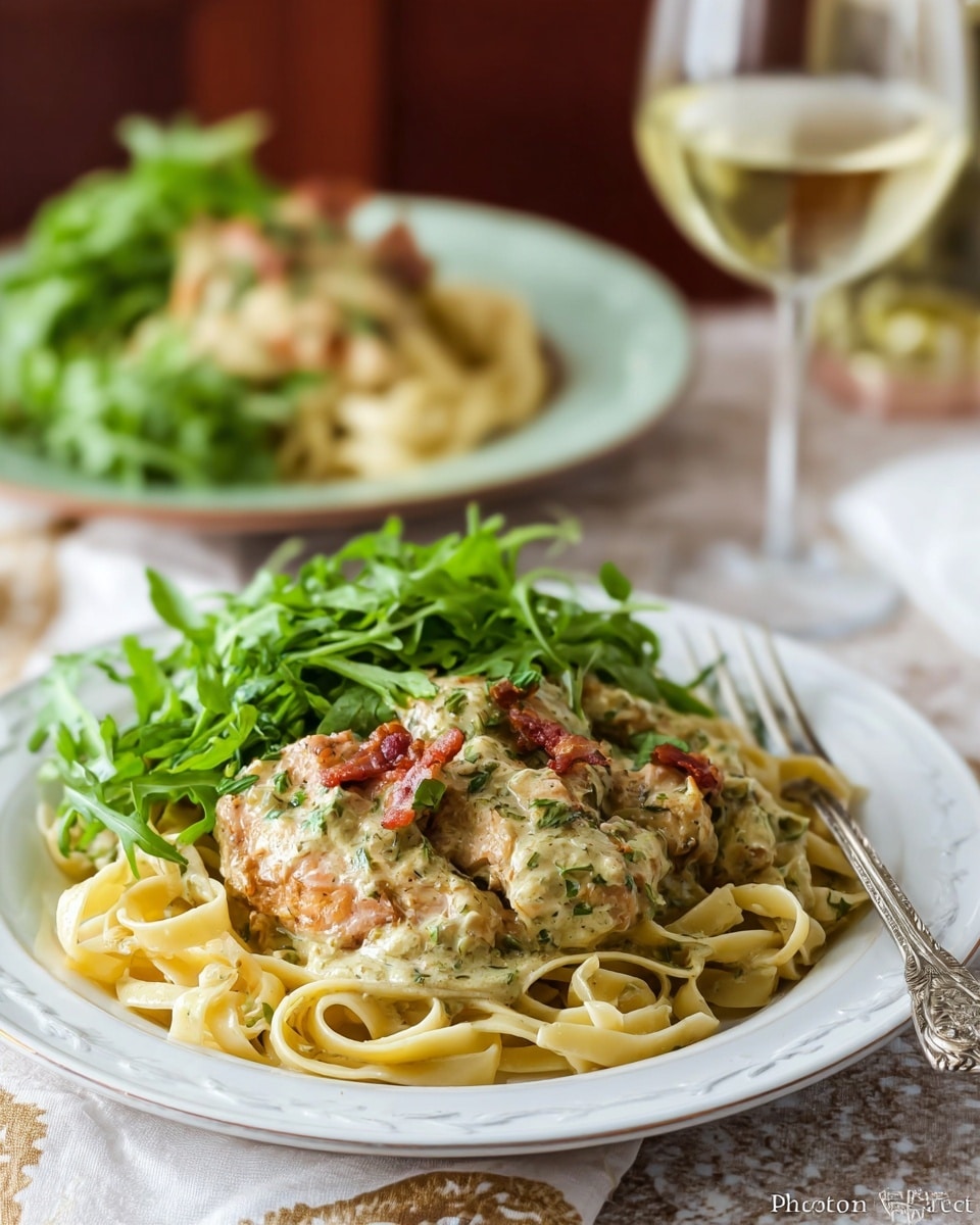 A white oval plate filled with a bed of thin yellow pasta on the bottom layer, topped with creamy sauce-covered pieces of chicken mixed with small bits of herbs and seasoning. On top of the chicken, there is a small bunch of fresh bright green arugula leaves adding a pop of color and freshness. The dish is presented on a white marbled textured surface. Photo taken with an iphone --ar 4:5 --v 7