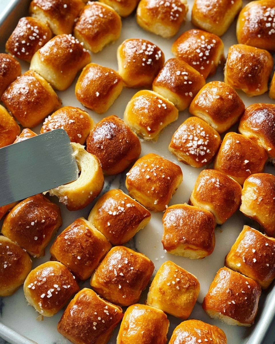 The image shows many small, golden brown pretzel bites arranged closely together on a white marbled baking sheet. Each pretzel bite has a shiny, smooth surface with some coarse salt sprinkled on top. The pretzel bites are mostly square or slightly rounded in shape, with small cracks on the surface showing a soft interior. A metal spatula is lifting some of the pretzel bites from the bottom left side of the baking sheet. photo taken with an iphone --ar 4:5 --v 7