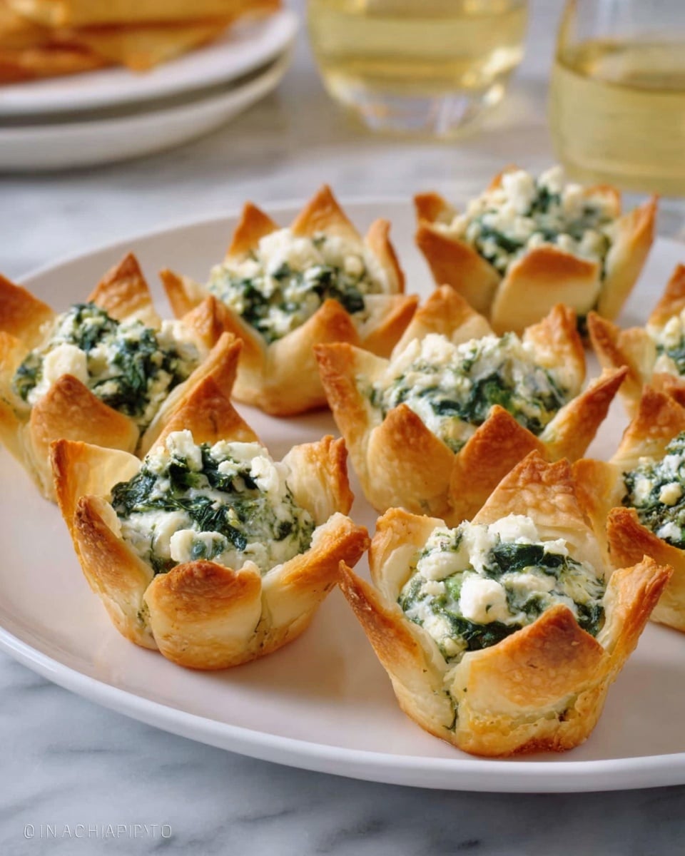 The image shows a white plate filled with bite-sized spinach and cheese cups. Each cup has three layers: the bottom layer is a crisp, golden-brown pastry shell with pointed, petal-like edges; inside is a creamy white cheese layer mixed with chopped green spinach leaves, giving a fresh and textured look. The cheese and spinach filling is unevenly piled inside each cup, showing small bits of spinach mixed throughout. The plate sits on a white marbled surface, and in the background, there are blurred glasses with light drinks, adding a soft warm tone to the overall scene. photo taken with an iphone --ar 4:5 --v 7