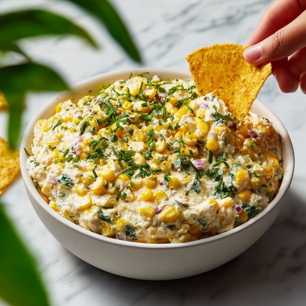 A white round ceramic bowl filled with creamy corn dip, showing visible yellow corn kernels mixed with finely chopped red onions and herbs, topped with fresh green chopped cilantro scattered evenly over the dip's surface. In the background, there is a small white square bowl with chopped green herbs and a white rectangular dish holding golden tortilla chips, all placed on a white marbled surface, photo taken with an iphone --ar 4:5 --v 7
