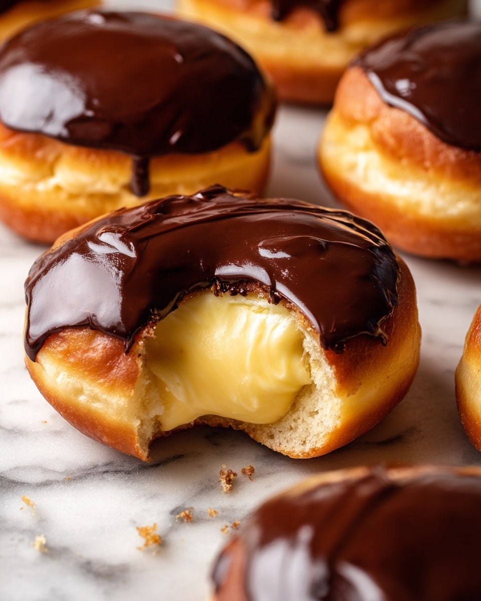 The image shows a close-up of several round cream-filled donuts on a white marbled surface, each topped with a shiny, smooth layer of dark chocolate glaze. The focus is on one donut in the center that has a bite taken out of it, revealing a thick, creamy yellow custard inside. The donut's dough is golden brown and slightly fluffy in texture. Surrounding donuts vary in size but have the same layered look: a golden dough base with a drip of glossy chocolate topping. Small smudges of cream are visible on the surface near the donuts, adding to the delicious impression. photo taken with an iphone --ar 4:5 --v 7