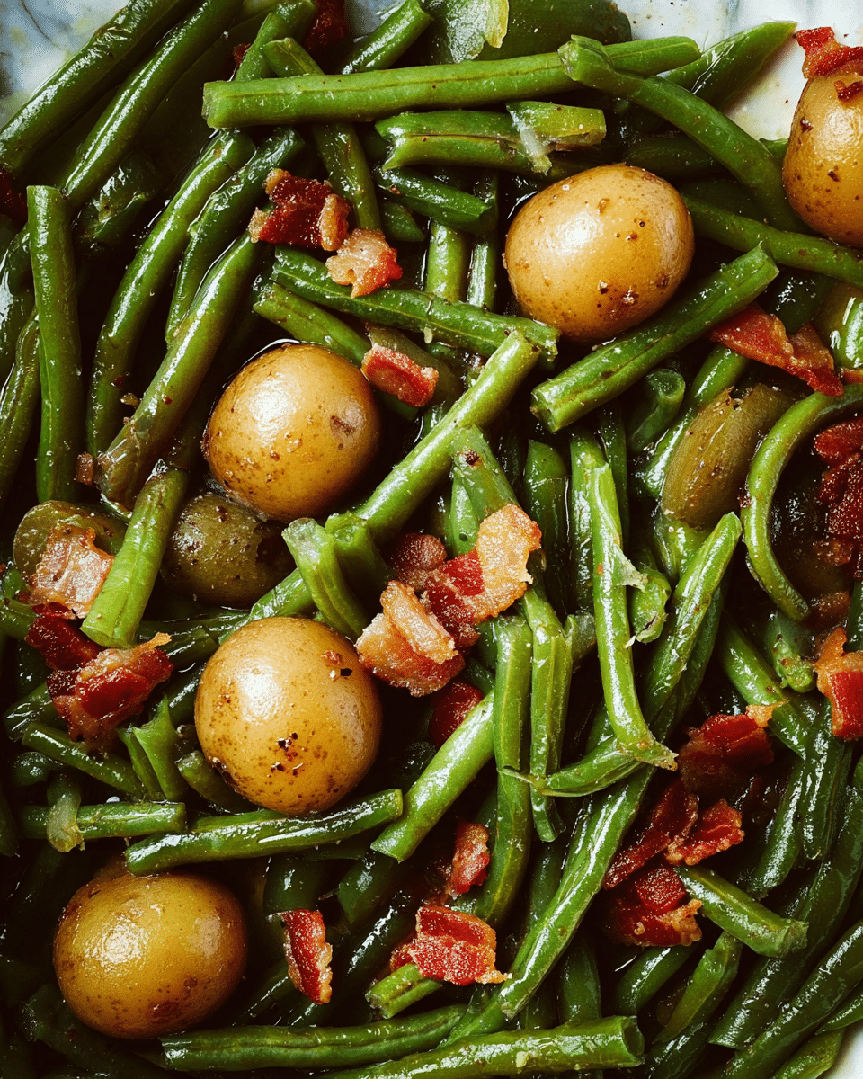 A close-up view of cooked green beans mixed with small brown potatoes and crispy pieces of bacon. The green beans are cut unevenly and have a soft texture with some shine from the cooking liquid. The brown potatoes are whole and smooth with small light spots on their skins. The bacon pieces are scattered throughout, with a crispy texture and reddish-brown color, adding contrast to the green beans and potatoes. The dish is placed on a white marbled surface. Photo taken with an iphone --ar 4:5 --v 7