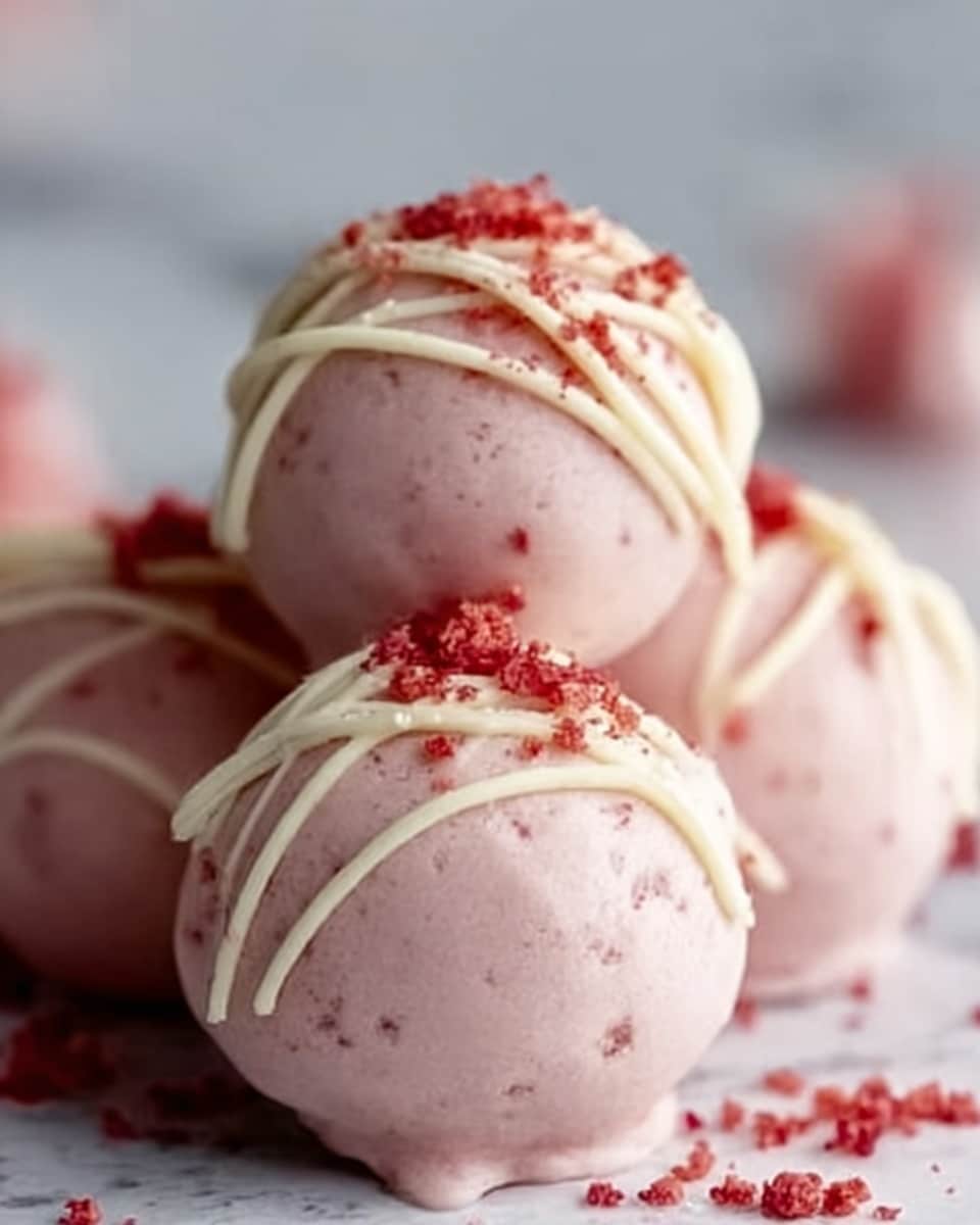 The image shows a close-up of three round pink cake balls arranged in a small pile on a white marbled surface. Each cake ball has a smooth, light pink coating with a few small dimples. On top of the closest cake ball, there are thin, curly white chocolate ribbons and tiny red crumbs scattered around, adding texture and contrast. The background is softly blurred, highlighting the detailed texture and pink tones of the cake balls. photo taken with an iphone --ar 4:5 --v 7