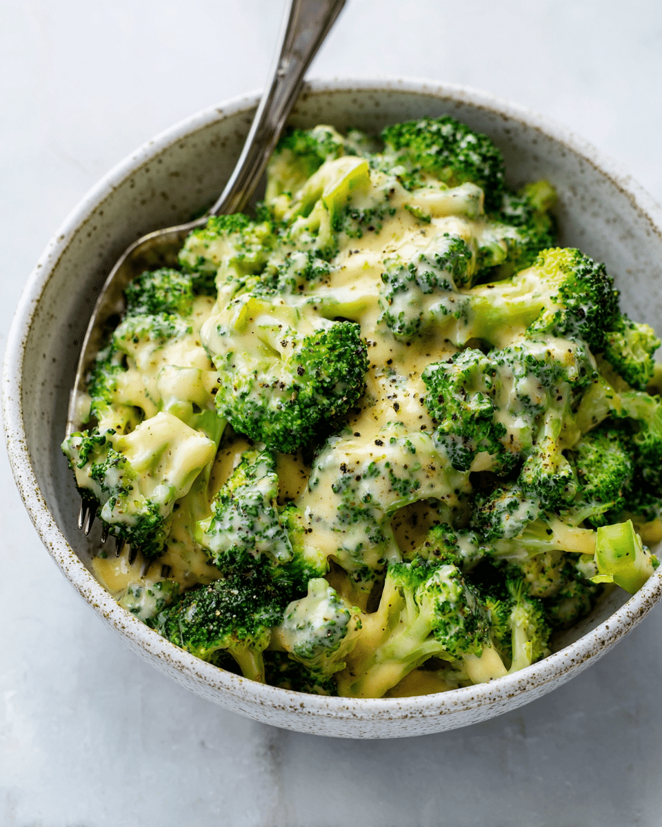 A white speckled bowl is filled with bright green broccoli florets covered in a thick, creamy light yellow cheese sauce, sprinkled with small bits of black pepper. The broccoli pieces vary in size and are fresh and tender in texture, piled generously to fill the bowl. Two silver forks rest inside the bowl on the left side, slightly digging into the broccoli. The bowl sits on a white marbled surface that provides a clean, soft background. photo taken with an iphone --ar 4:5 --v 7