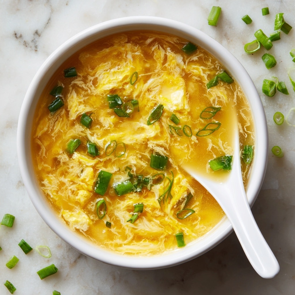 A white bowl filled with bright yellow egg drop soup, showing soft, silky ribbons of cooked egg floating on the surface. The soup has a smooth, slightly translucent broth with a warm golden color. On top, there are small chopped green onions scattered evenly, adding a fresh green contrast. A white spoon rests in the bowl, partially submerged in the soup, with some green onions on it. The bowl is placed on a white marbled surface with a few green onion pieces scattered nearby. Photo taken with an iphone --ar 4:5 --v 7