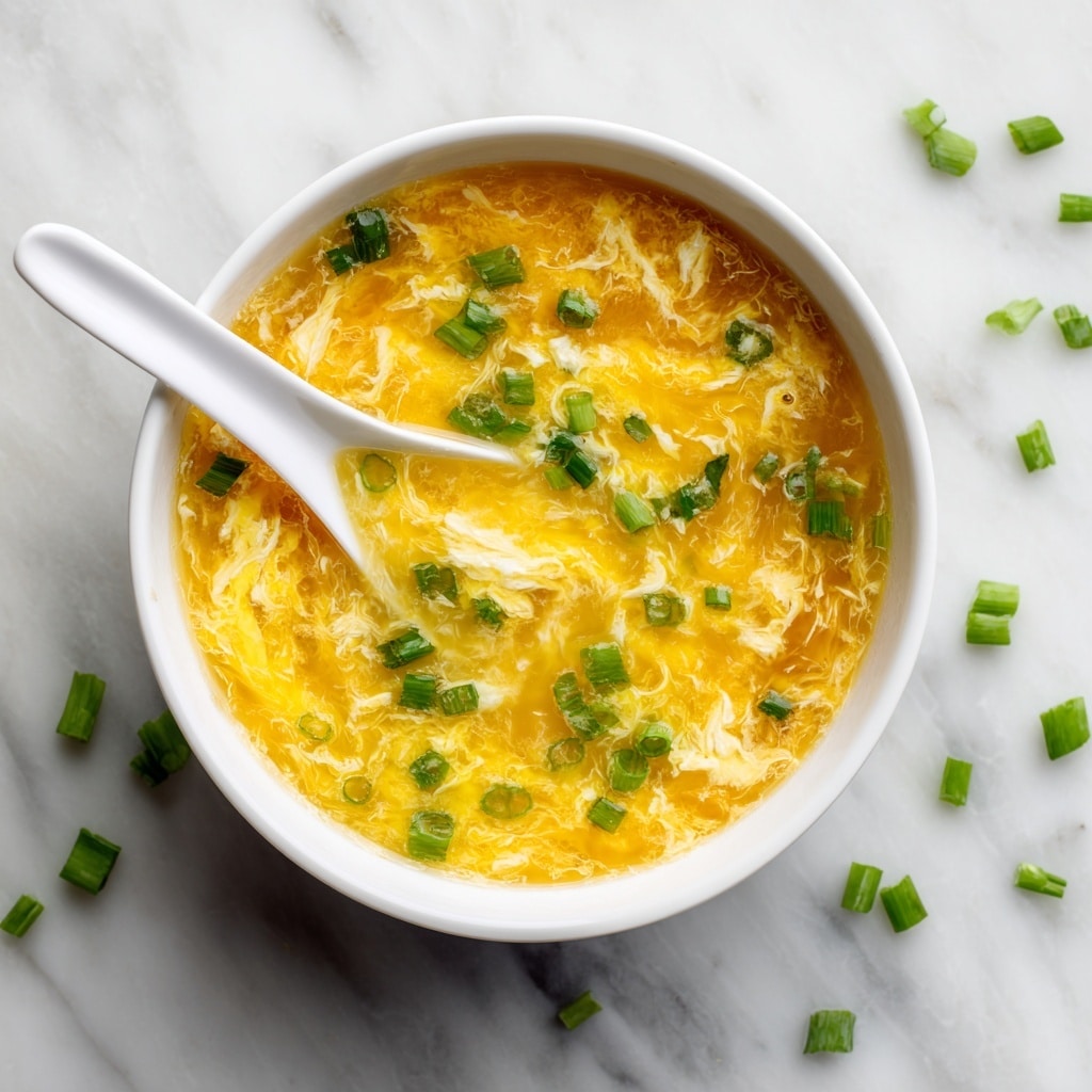 A white bowl filled with golden-yellow egg drop soup showing soft, flowing egg ribbons floating in the broth. Bright green chopped scallions are sprinkled on top, adding contrast and color. A white ceramic spoon gently rests inside the bowl, slightly dipped into the soup. The bowl sits on a white marbled surface with a few chopped scallions scattered around. photo taken with an iphone --ar 4:5 --v 7