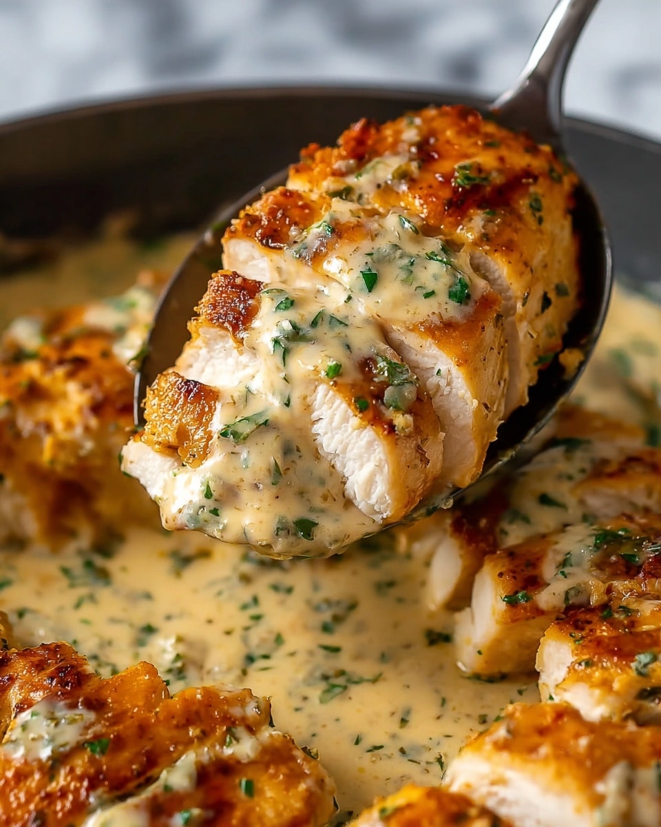 The image shows a close-up of a cooked chicken breast piece held on a large dark spoon. The chicken has a golden-brown crispy outer layer, and the inside is white and juicy. The chicken is covered in a creamy sauce that is light beige with green herb bits scattered throughout. Behind the spoon, slices of the same chicken are arranged, all coated with the sauce, highlighting its moist texture and herb garnish. The background features a white marbled texture. Photo taken with an iphone --ar 4:5 --v 7