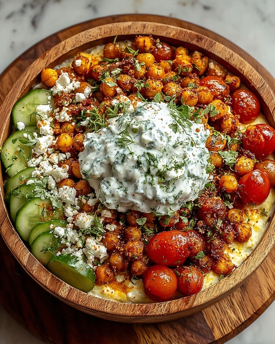 A wooden bowl filled with layers of food sits on a white marbled texture. The bottom layer is a creamy, pale yellow base. On top of it are roasted chickpeas that are golden brown with spices, scattered with bright red cherry tomatoes. Around one side are thin slices of fresh green cucumber, and crumbly white cheese is sprinkled over the whole dish. In the center is a large dollop of white creamy yogurt sauce with green herbs mixed in and more fresh green herbs sprinkled on the top. The bowl is placed on a round wooden board. photo taken with an iphone --ar 4:5 --v 7