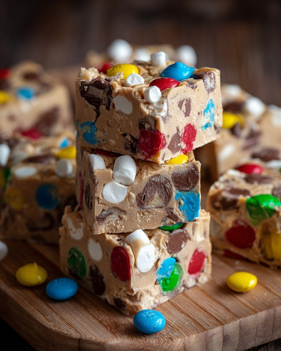 The image shows several square pieces of a colorful fudge stacked neatly. The fudge has a light brown, creamy base with mix-ins like bright red, yellow, green, blue candy-coated chocolates, white marshmallows, and dark brown chocolate chips embedded throughout. The top piece shows a textured surface with all these ingredients clearly visible. The stacks are on a wooden board with some loose candy scattered around. The background is softly blurred to focus on the fudge pieces. photo taken with an iphone --ar 4:5 --v 7