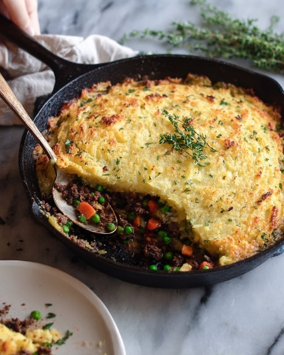 A black cast iron skillet holds a cooked shepherd's pie with one side of the golden brown, slightly crispy mashed potato layer lifted, revealing a colorful mix of peas, carrots, ground meat, and bits of green herbs underneath; the potato topping is thick and smooth, with a lightly browned texture on top, garnished with a small sprig of thyme, all placed on a white marbled surface with some green herbs in the background, and a woman's hand holding a spoon partly visible, ready to scoop from the skillet; below, a white plate with some food remains is partly visible at the bottom edge of the image. photo taken with an iphone --ar 4:5 --v 7