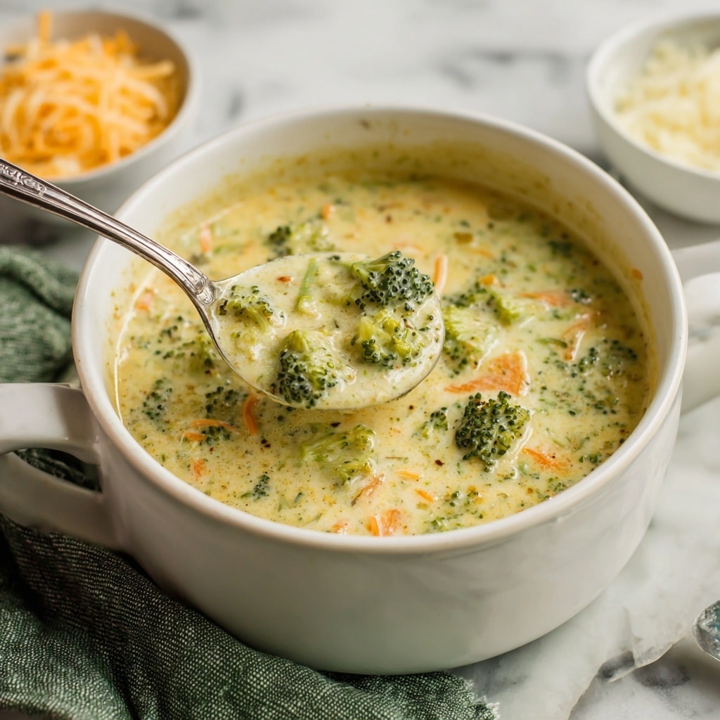 A white pot filled with a creamy soup that has pieces of broccoli and small bits of orange carrot floating in it. The soup looks thick and smooth, with green broccoli florets clearly visible on top and throughout. A metal ladle is scooping some soup out, showing the chunky texture with vegetables inside. The pot is on a white marbled surface, with a white bowl and small plate of shredded cheese nearby. A green cloth napkin is partly visible near the pot. Photo taken with an iphone --ar 4:5 --v 7