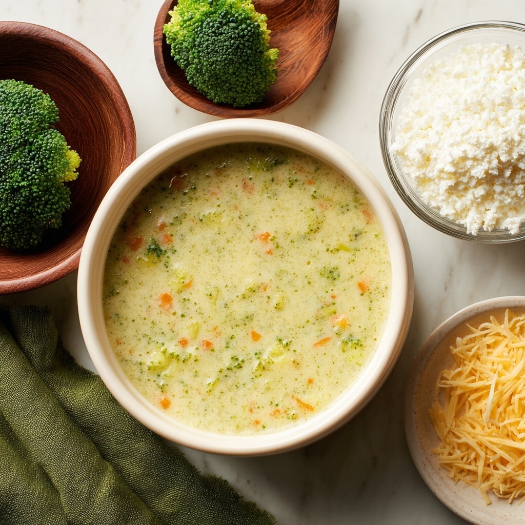 A white pot filled with creamy broccoli soup that has small green broccoli bits and tiny orange carrot pieces spread evenly throughout the light greenish-yellow broth. To the left, there is a wooden bowl with dark green broccoli florets and a single broccoli floret outside the bowl resting on a white marbled surface. At the top right, a glass bowl holds white cottage cheese, and below it, a small white plate has pale yellow shredded cheese. A green cloth is partially visible in the bottom left corner. The photo taken with an iphone --ar 4:5 --v 7