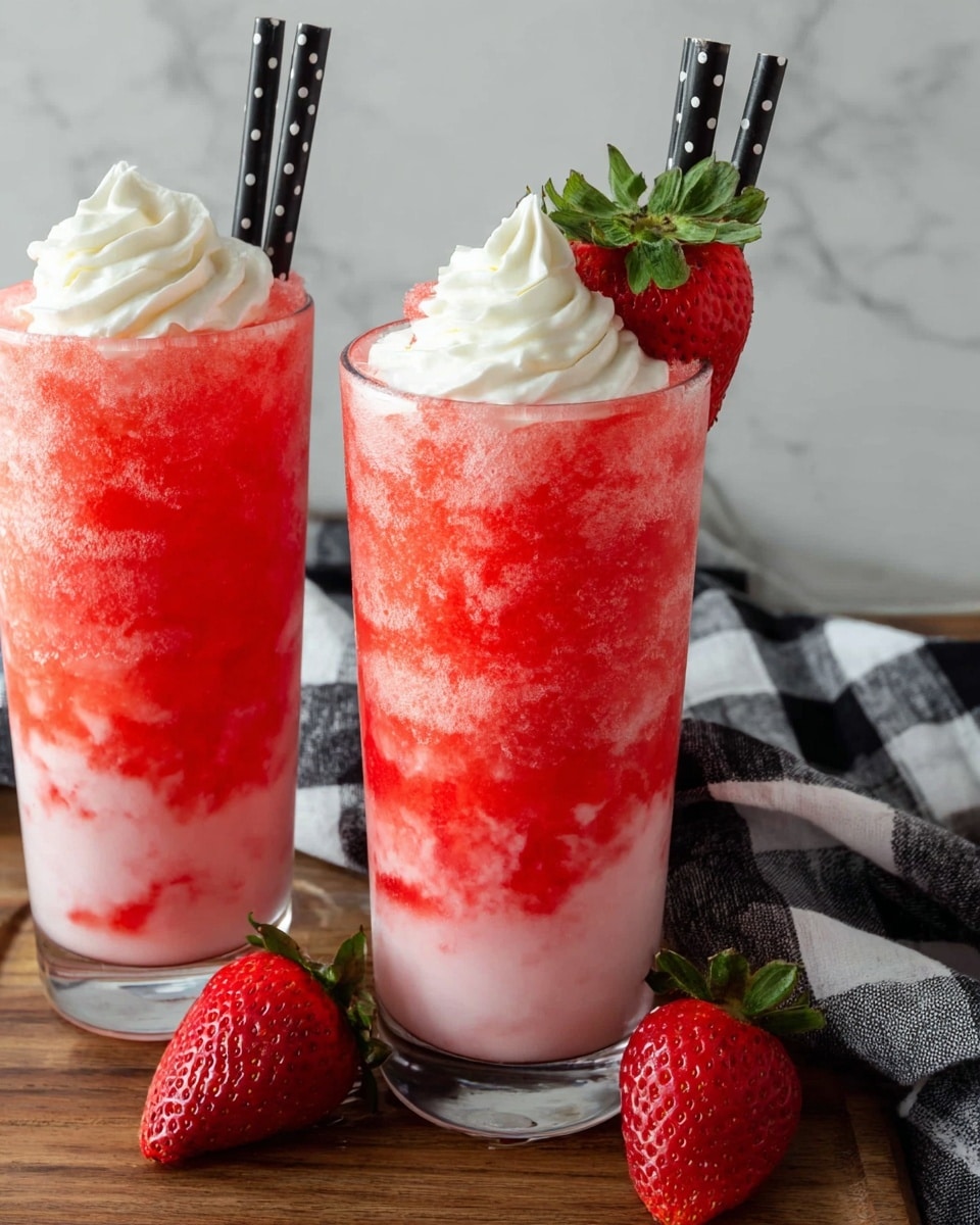 Two tall clear glasses filled with a layered red and pink icy drink. The bottom layer is a smooth light pink color, topped by a thicker bright red crushed ice layer spreading to the top. Each glass has a swirl of white whipped cream on one side near the rim and a fresh half strawberry with a green leaf placed on top next to the cream. There is a black straw with white polka dots standing upright behind the strawberry in each glass. Two fresh whole strawberries sit in front of the glasses on a wooden surface. A black and white checkered cloth is draped in the background on a white marbled texture surface. photo taken with an iphone --ar 4:5 --v 7