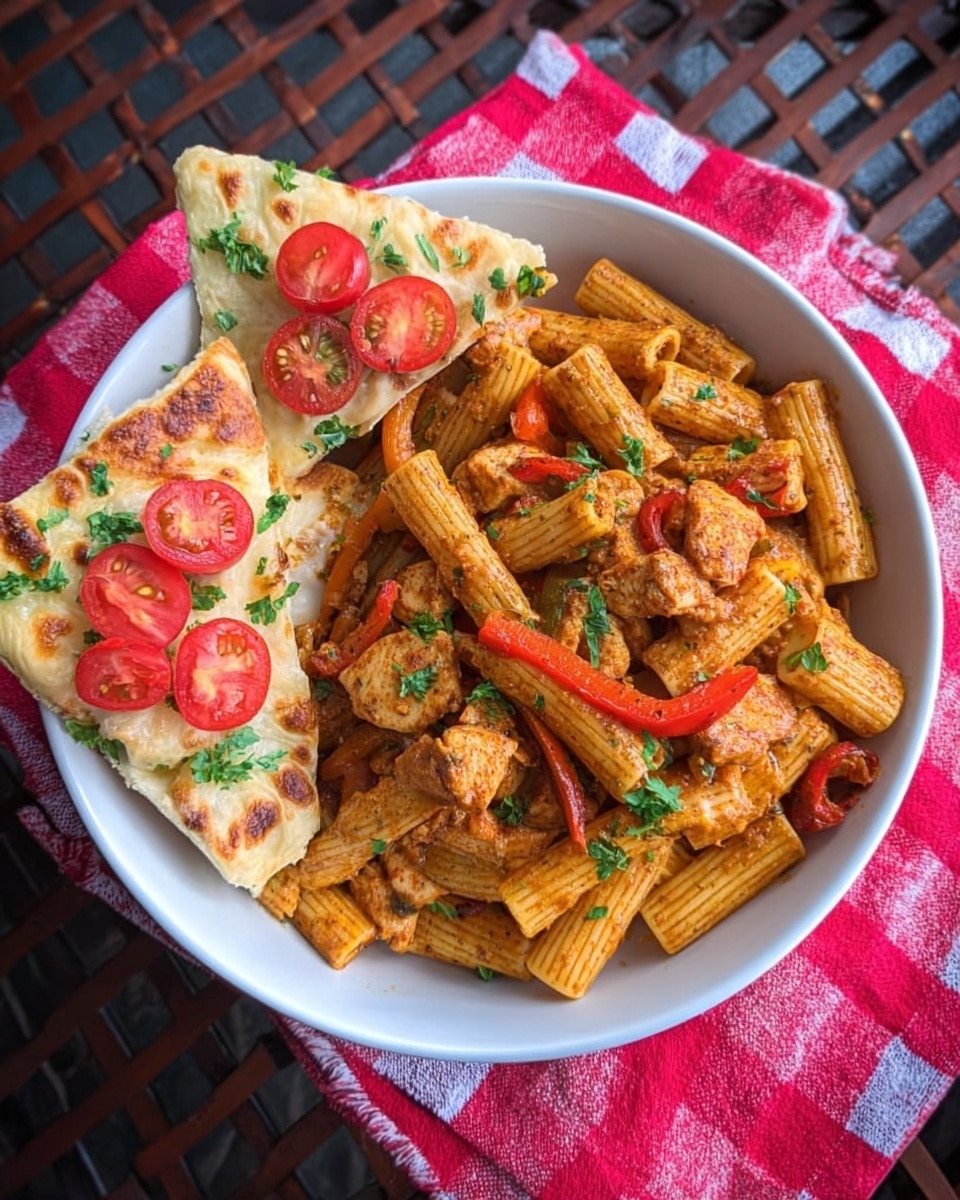 A white bowl filled with rigatoni pasta mixed with pieces of cooked chicken and red bell pepper slices, all coated in a reddish seasoning and garnished with small green parsley leaves scattered on top, accompanied by two triangular pieces of flatbread resting on the side, each topped with melted cheese, halved cherry tomatoes, and a few green herbs, placed on a red and white checkered cloth with a dark wooden lattice background. photo taken with an iphone --ar 4:5 --v 7