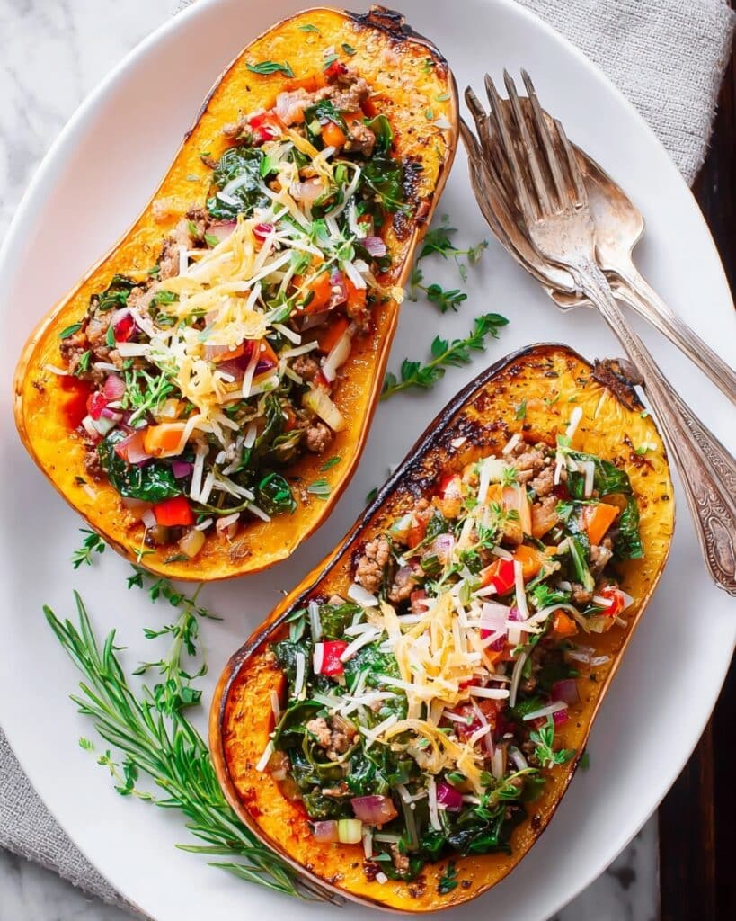Stuffed Spaghetti Squash with Spicy Italian Sausage, Apples, and Cheese Recipe