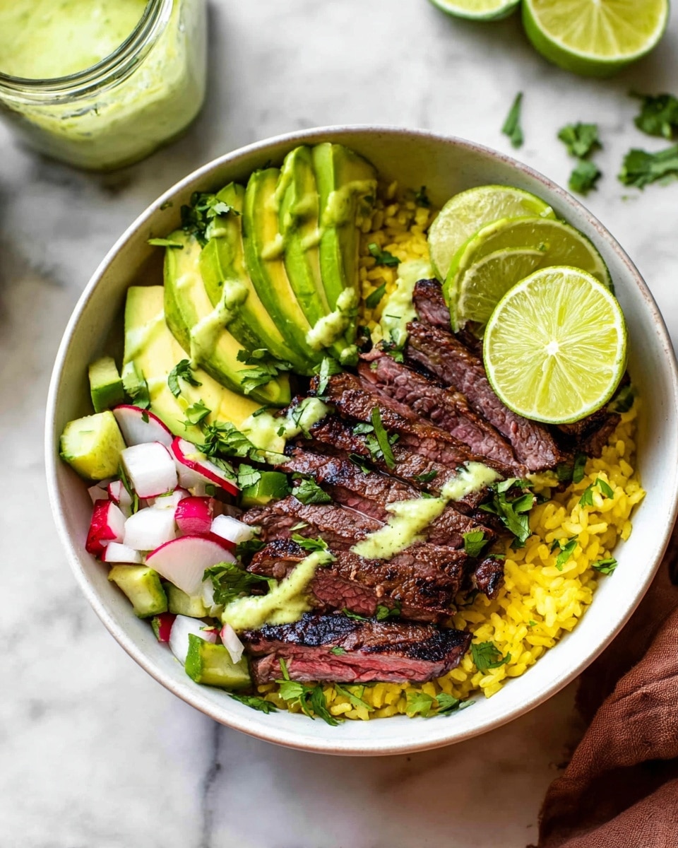 A white bowl filled with four layers, the bottom layer is yellow rice, topped with thin slices of medium-rare grilled steak arranged in the center, with charred grill marks. On one side, slices of bright green avocado are fanned out, next to two lime wedges. Scattered around the steak and avocado are small diced pieces of white and red radish, cucumber, and fresh chopped green herbs. The whole dish is drizzled with a light green creamy sauce. The bowl is set on a white marbled surface with a jar of green sauce nearby. photo taken with an iphone --ar 4:5 --v 7