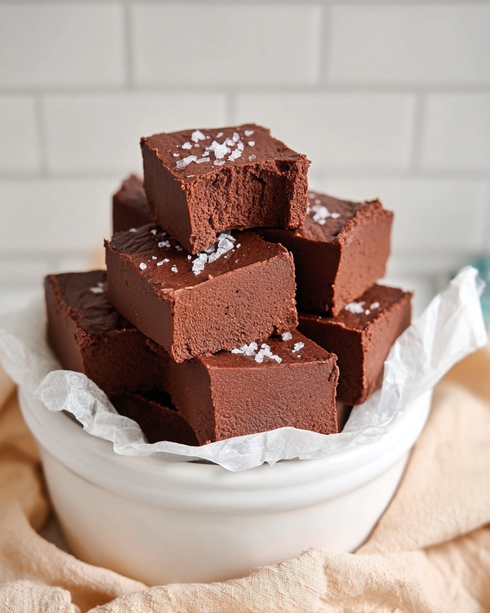 A stack of six thick, square chocolate fudge pieces sits inside a white ceramic bowl lined with white parchment paper. Each fudge piece is a rich dark brown color with a dense, smooth, and slightly crumbly texture. The top fudge piece has a bite taken out of one corner, showing the soft inside. A light sprinkle of coarse salt is scattered on the top surfaces, enhancing the texture and color contrast. The bowl is placed on a soft beige cloth with a white marbled surface and a white tiled wall blurred in the background. photo taken with an iphone --ar 4:5 --v 7