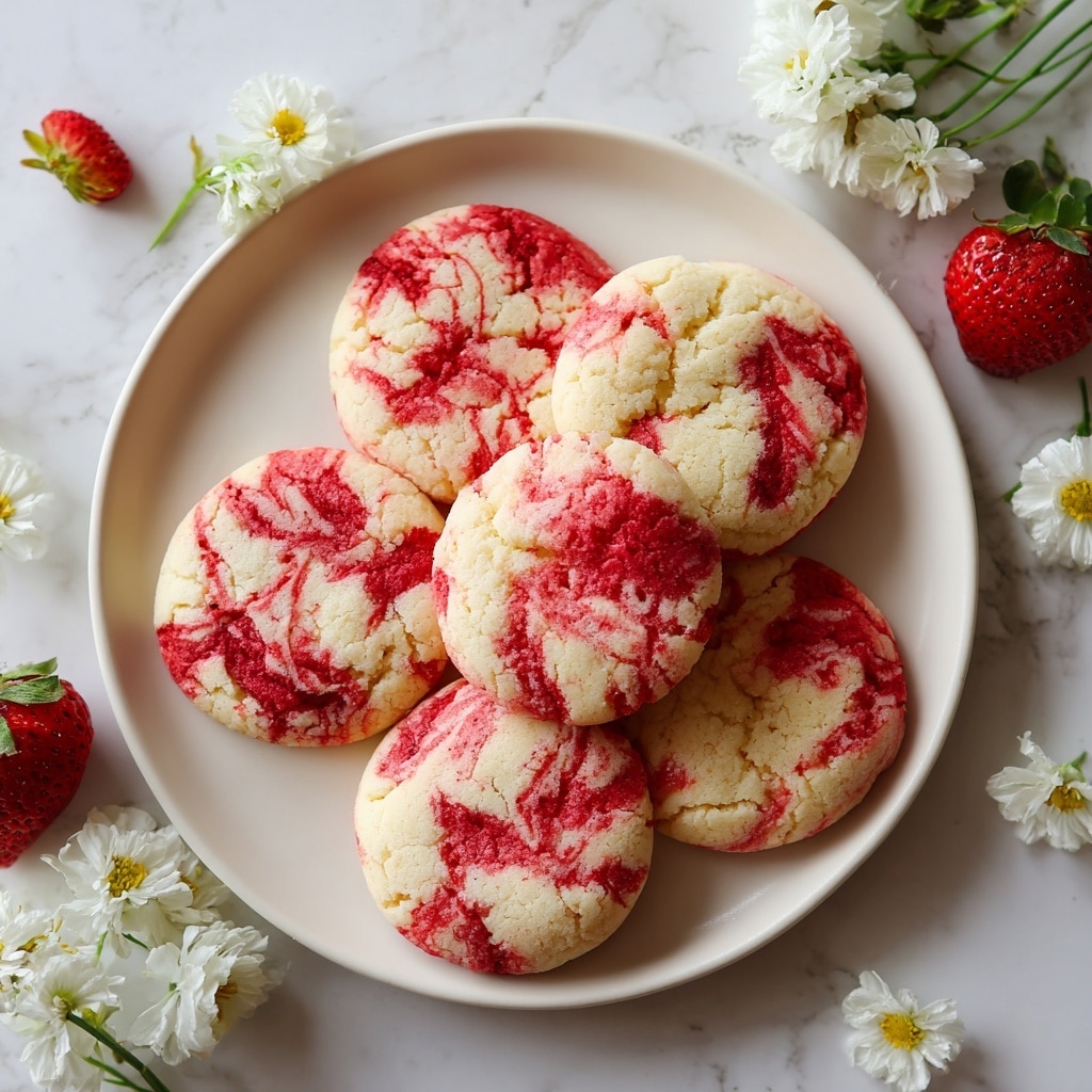 The image shows soft cookies with a light cream color and swirls of red strawberry running through them, displayed on a white marbled surface. The cookies are round and slightly thick, with one cookie in the middle that has a bite taken out of it, revealing a soft inside. Around the cookies, there are whole and halved bright red strawberries, along with small white and yellow chamomile flowers scattered between the cookies and strawberries. The scene is close-up, focusing on the texture and colors of the cookies and fruit. Photo taken with an iphone --ar 4:5 --v 7