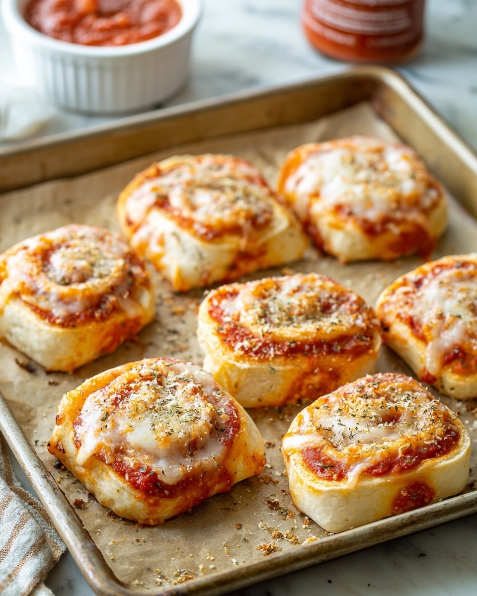 A baking sheet lined with parchment paper holds eight small, rolled pizza bites arranged in two rows, each piece layered with a golden-brown baked dough base, a thick layer of vibrant red tomato sauce peeking from underneath, and a topping of melted white mozzarella cheese sprinkled with dried herbs and grated Parmesan cheese, creating a textured, slightly bubbly surface. The edges of the dough show some light browning, and some tomato sauce is visible at the ends of the rolls. In the background, a small white bowl of extra tomato sauce and a red sauce bottle are slightly blurred, all set on a white marbled texture surface. Photo taken with an iphone --ar 4:5 --v 7