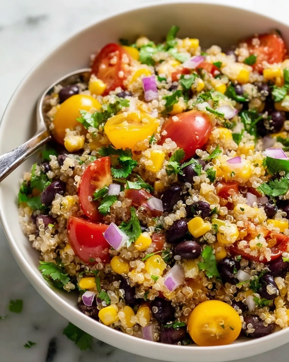 A white bowl filled with a fresh salad showing multiple layers: the base is a mix of black beans and yellow corn kernels, scattered thickly with chopped purple onions and green herbs. On top, halved cherry tomatoes, some red and some yellow, are spread evenly, adding bright spot colors. The texture is mixed with small quinoa grains and finely chopped leafy greens, giving a colorful, chunky look. A silver spoon rests inside the bowl, angled outwards. Around the bowl, there are two whole cherry tomatoes on the left, one half lime on top, and fresh green cilantro leaves on the right, all placed on a white marbled surface with a light beige cloth nearby. Photo taken with an iphone --ar 4:5 --v 7