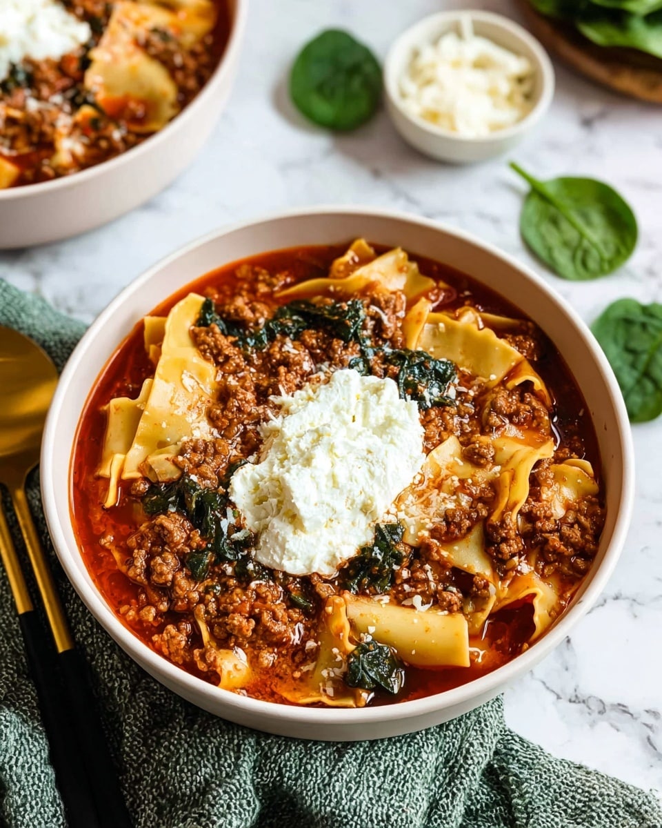 A white bowl filled with a layered lasagna soup consisting of large, flat lasagna pasta pieces in a rich red tomato sauce mixed with crumbled browned ground meat and wilted dark green spinach leaves; the center holds a generous dollop of creamy white ricotta cheese, sprinkled lightly with grated cheese; the bowl sits on a white marbled surface with a green textured cloth nearby, fresh spinach leaves scattered around, and a two-toned spoon with a gold head and black handle resting to the side; in the background, another white bowl of the same soup and a small white bowl of ricotta are partially visible. photo taken with an iphone --ar 4:5 --v 7