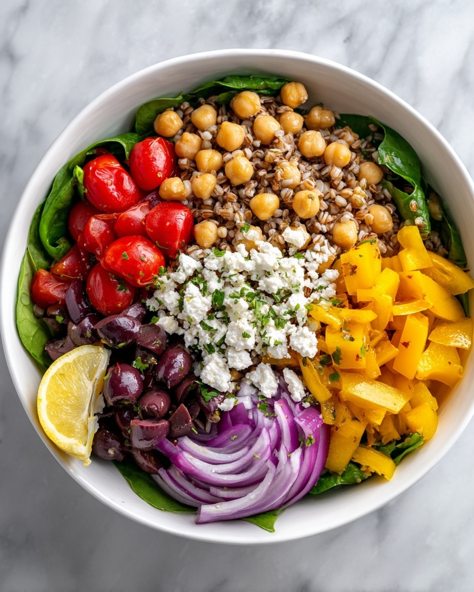 A white bowl filled with a colorful salad that has a bottom layer of green spinach leaves mixed with cooked buckwheat grains. On top, chickpeas are spread evenly, followed by bright red halved cherry tomatoes and diced yellow bell peppers on one side. There are dark purple olives scattered, with small chunks of white feta cheese over them. Thinly sliced purple onion rings and a lemon slice are placed near the edge. All ingredients look fresh and lightly sprinkled with chopped herbs, placed on a white marbled surface photo taken with an iphone --ar 4:5 --v 7