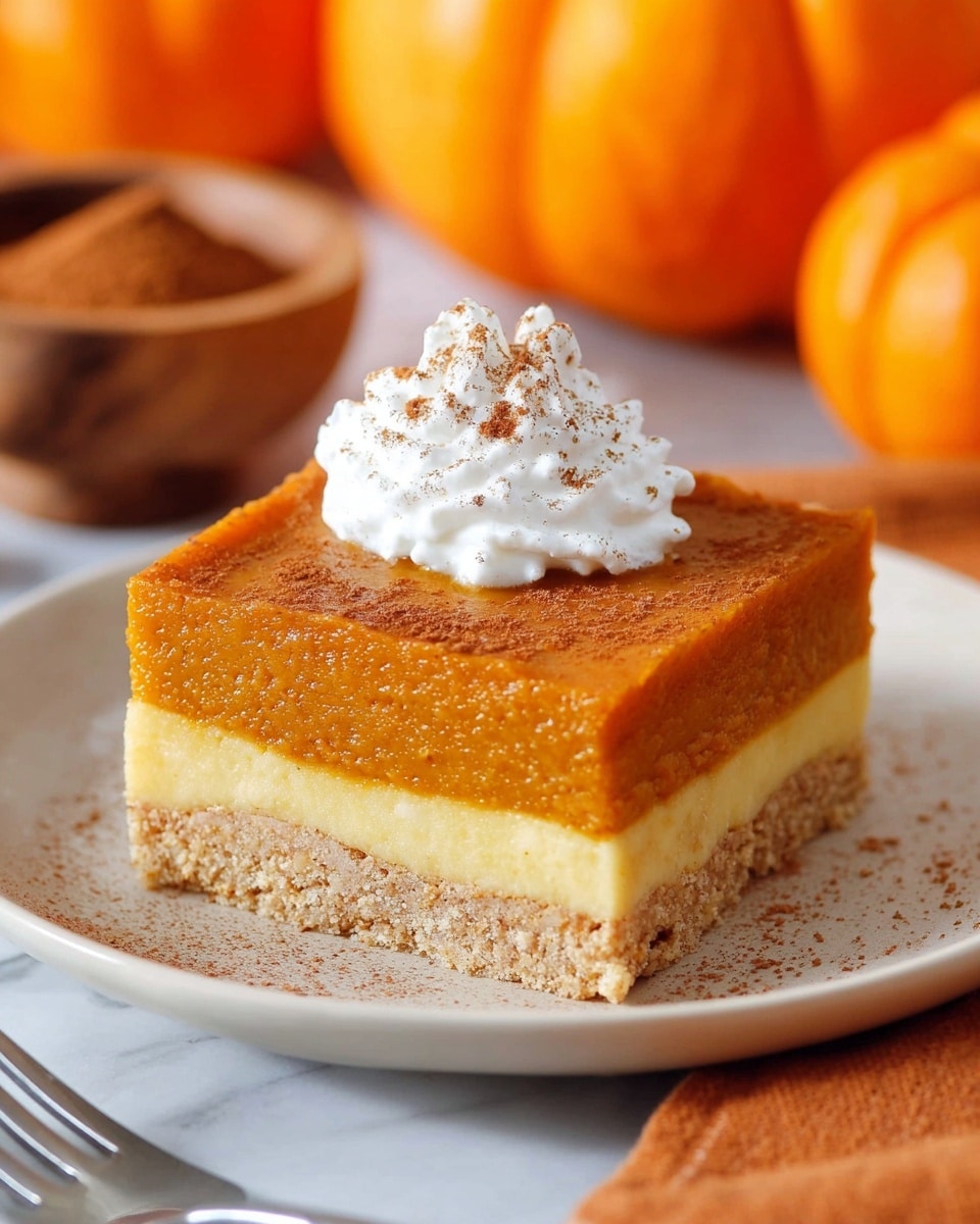 A square piece of pumpkin dessert is shown on a white plate, with three visible layers: a bottom light beige crumbly crust, a middle pale yellow layer, and a thick top layer of smooth orange pumpkin filling. On top of the pumpkin layer sits a dollop of white whipped cream sprinkled lightly with cinnamon powder. The background shows blurred orange pumpkins and a small wooden bowl filled with ground cinnamon, all placed on a white marbled surface. A silver fork is partially visible at the bottom edge of the plate. Photo taken with an iphone --ar 4:5 --v 7