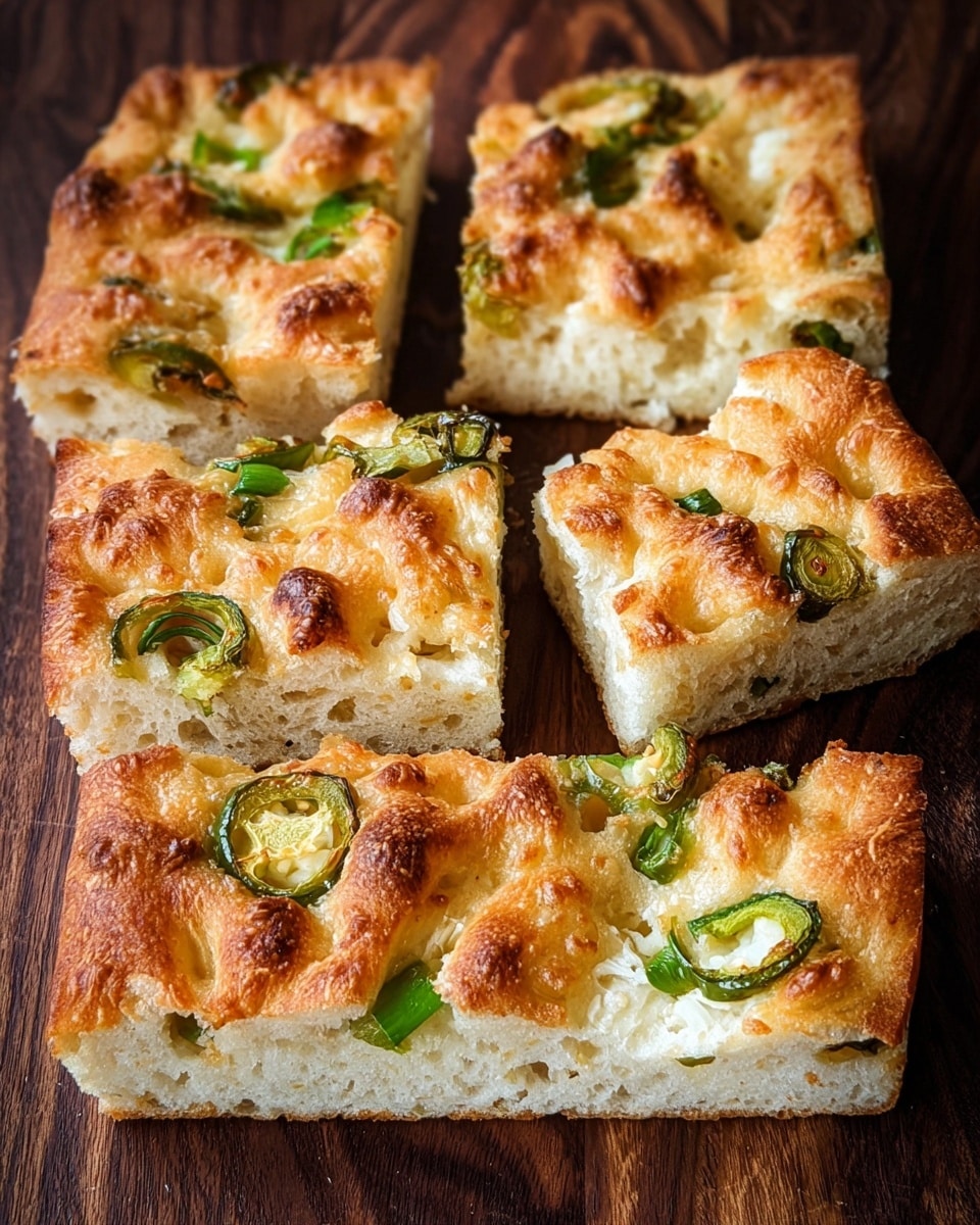 The image shows six pieces of focaccia bread arranged closely on a dark wooden surface. Each piece has a thick, golden-brown crust with an uneven, bubbly texture on top. Through the crust, white soft bread is visible inside. Green sliced jalapeño peppers and bright green onion pieces are embedded in and slightly poking through the crust, adding contrast in color. The bread looks airy and soft inside, while the crust is crisp and browned in spots, showing a mix of smooth and rough textures. Photo taken with an iphone --ar 4:5 --v 7