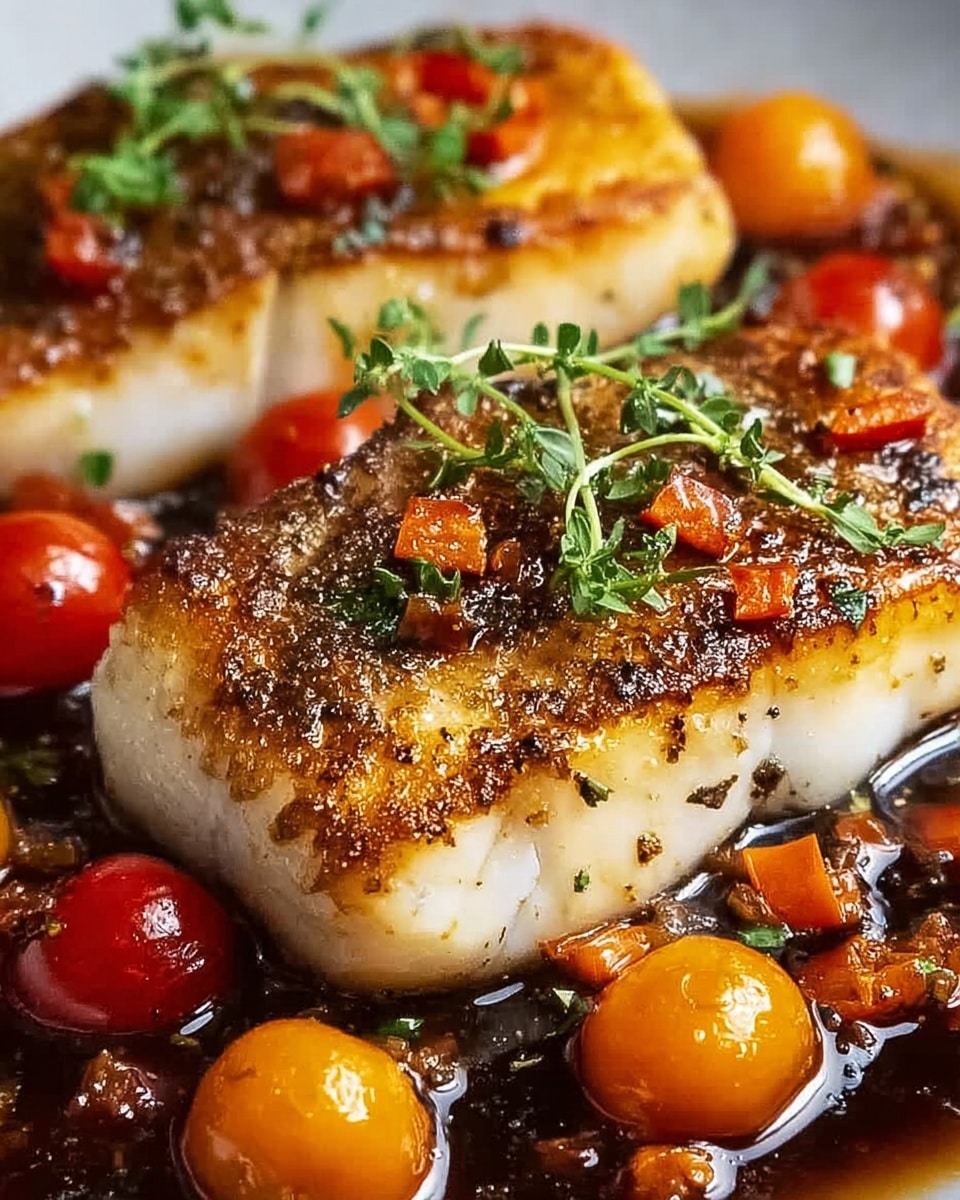 The image shows two pieces of golden-brown cooked chicken breasts with visible black pepper and herbs on top. Around the chicken, there are small bright red cherry tomatoes and yellow bell pepper chunks in a light sauce. Fresh green herbs are sprinkled over the chicken, adding a touch of color and freshness. The dish rests on a white marbled surface. The overall look is warm and inviting with a mix of red, yellow, green, and brown colors. Photo taken with an iphone --ar 4:5 --v 7