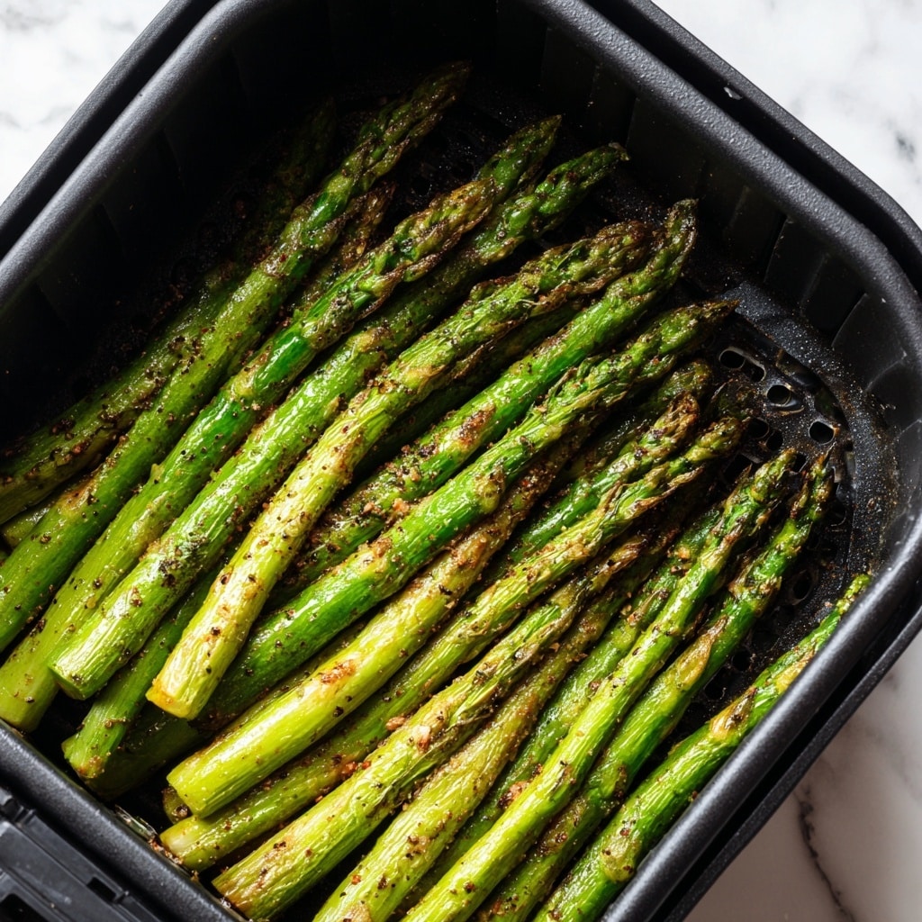 A close-up view of bright green asparagus spears cooked and arranged side by side inside a black air fryer basket, showing a slightly charred, crispy texture with some seasoning visible on the surface. The asparagus stalks have a glossy look with a mix of darker green tips and lighter green bodies. The basket’s mesh bottom and black edges frame the asparagus neatly, and the whole setup is set against a white marbled texture surface. photo taken with an iphone --ar 4:5 --v 7