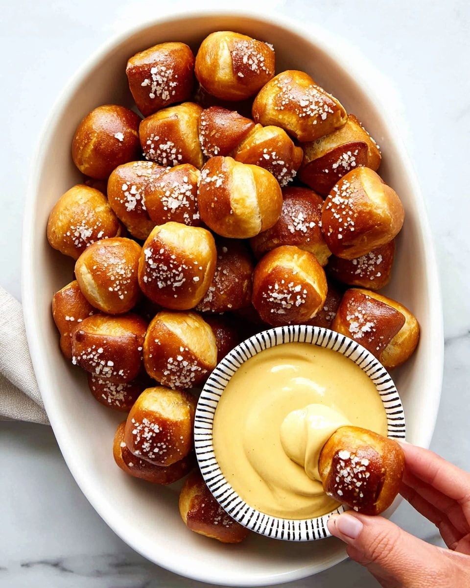 A white oval dish full of small, golden-brown pretzel bites with a shiny crust and coarse salt sprinkled on top, each bite showing a slightly cracked, soft dough inside; a small white round bowl with a black striped rim filled with creamy, smooth yellow mustard is placed inside the dish at the bottom right, with a woman's hand dipping one pretzel bite into the mustard against a white marbled texture surface background. photo taken with an iphone --ar 4:5 --v 7
