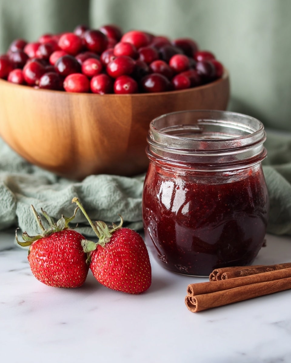 A clear glass jar filled with thick dark red jam sits on a white marbled surface. In front of the jar are two bright red strawberries with green tops and two brown cinnamon sticks lying side by side. Behind the jar, a wooden bowl filled to the top with shiny, round red cranberries rests against a soft light green cloth backdrop. Photo taken with an iphone --ar 4:5 --v 7