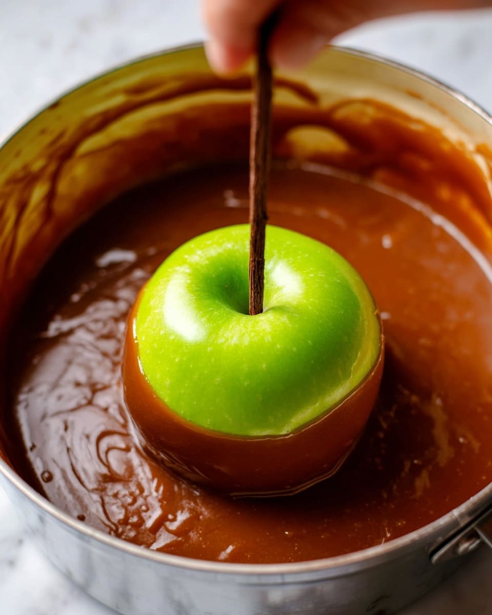 A bright green apple with a smooth shiny skin is being dipped into thick, rich brown caramel sauce inside a deep pot. The apple is held by a rustic, dark brown stick inserted into its top center. The caramel sauce covers the lower half of the apple with a glossy texture, while the upper half remains uncovered. A woman's hand holds the stick from above, slightly blurred in the background. The pot's inner sides are smeared with caramel, adding texture to the scene. The whole setting is placed on a white marbled surface. photo taken with an iphone --ar 4:5 --v 7