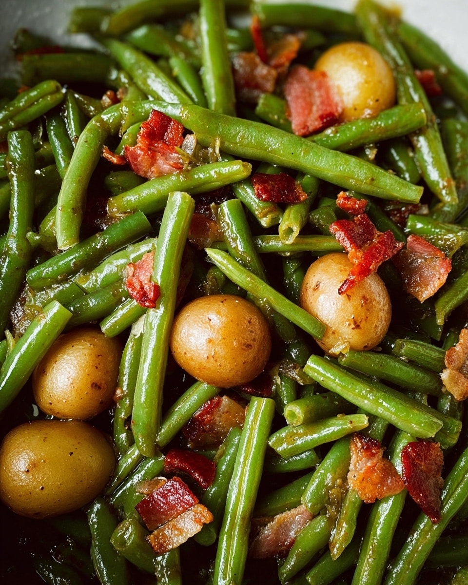 A close-up view of cooked green beans mixed with small brown baby potatoes and pieces of crispy bacon scattered throughout. The green beans are cut into short segments and have a soft, slightly shiny texture. The bacon pieces add a reddish-brown contrast to the green beans and potatoes, while the potatoes are smooth and glossy. The dish is shown in great detail against a white marbled background, with a slight glossy sauce that makes everything look moist. Photo taken with an iphone --ar 4:5 --v 7