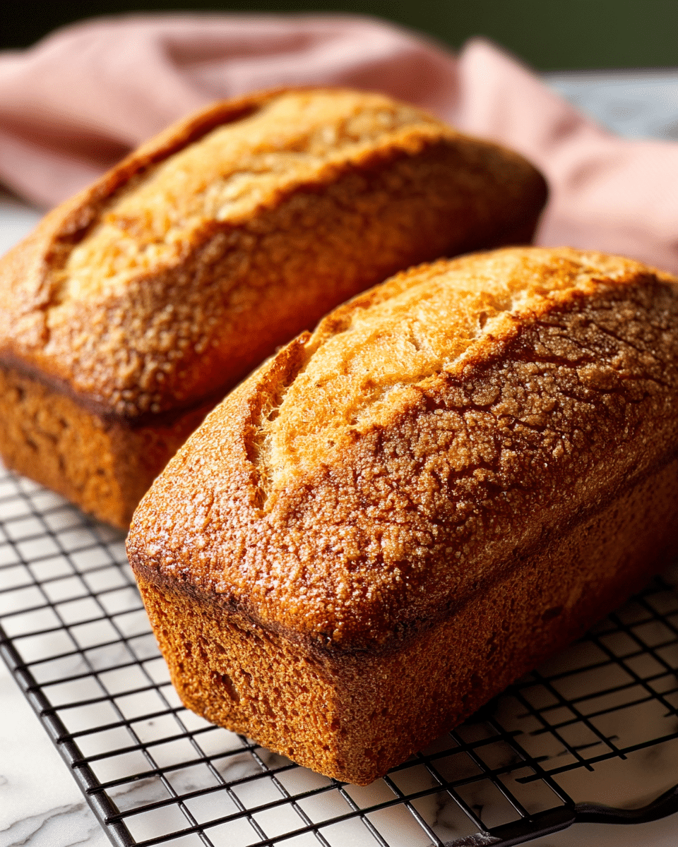 Two golden brown loaves of bread rest side by side on a black metal cooling rack. The tops of the loaves are textured with cracked, sugary crust that looks slightly crisp, and the sides show a porous, rich brown baked texture. The rack sits on a white marbled surface with a soft pink cloth partially visible in the background. The light highlights the crispiness of the top crust and the softness suggested by the sides. photo taken with an iphone --ar 4:5 --v 7